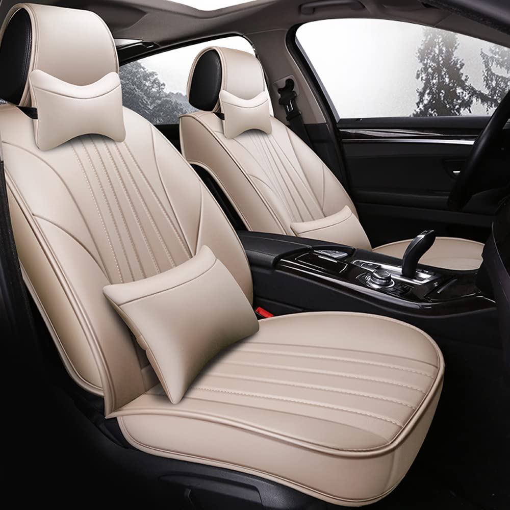 Premium Universal Car Seat Covers Set - Front & Rear Faux Leather Auto Seat Protectors for Sedans, SUVs & Trucks | Luxury Interior Upgrade with Headrest Pillows (Beige) - Perfect for Daily Commuting, Road Trips & Family Travel