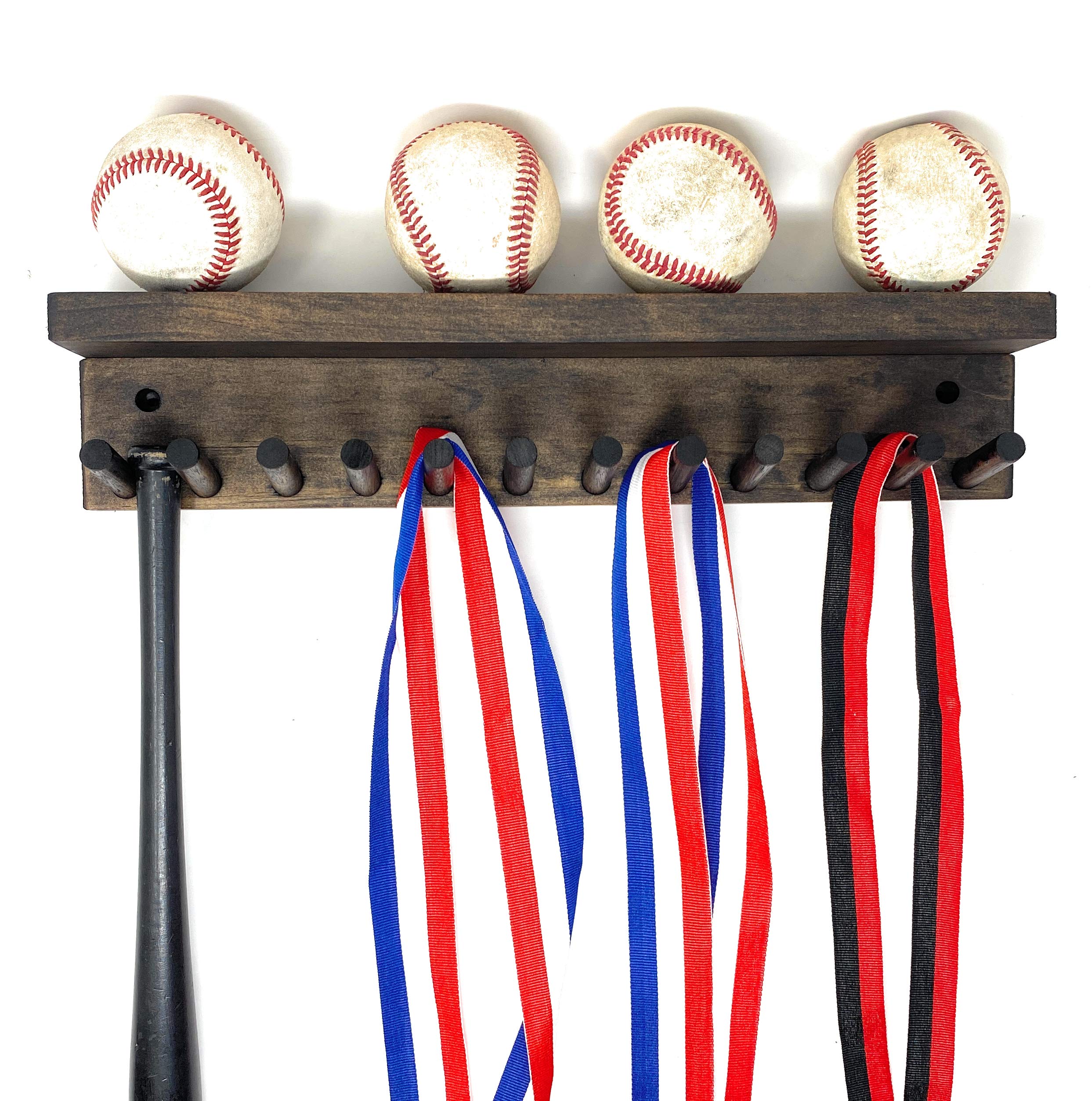 Premium Wooden Award Medal Display Rack & Trophy Wall Shelf - Holds 11 Mini Baseball Bats & 4 Balls - Natural Finish Collectible Sports Memorabilia Organizer | Perfect for Baseball Trophy Rooms, Sports Bars, and Man Cave Decor