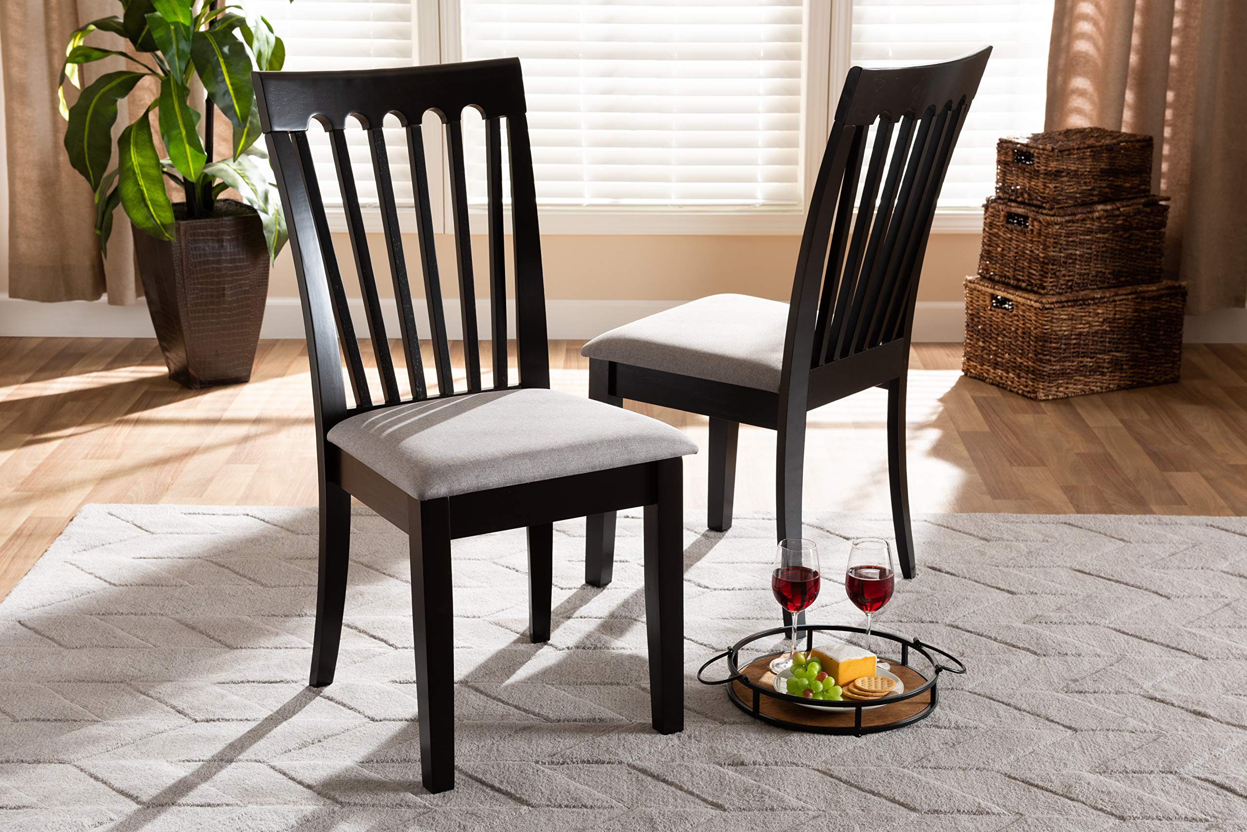Baxton Studio Minette 2-Piece Dining Chair Set - Gray Fabric Upholstered Seats with Espresso Brown Wood Frame - Perfect for Kitchen, Dining Room & Small Space Decor
