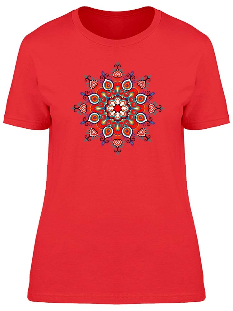 Red Peacock Mandala T-Shirt for Women - Stylish Boho Graphic Tee for Casual Wear, Yoga & Festivals