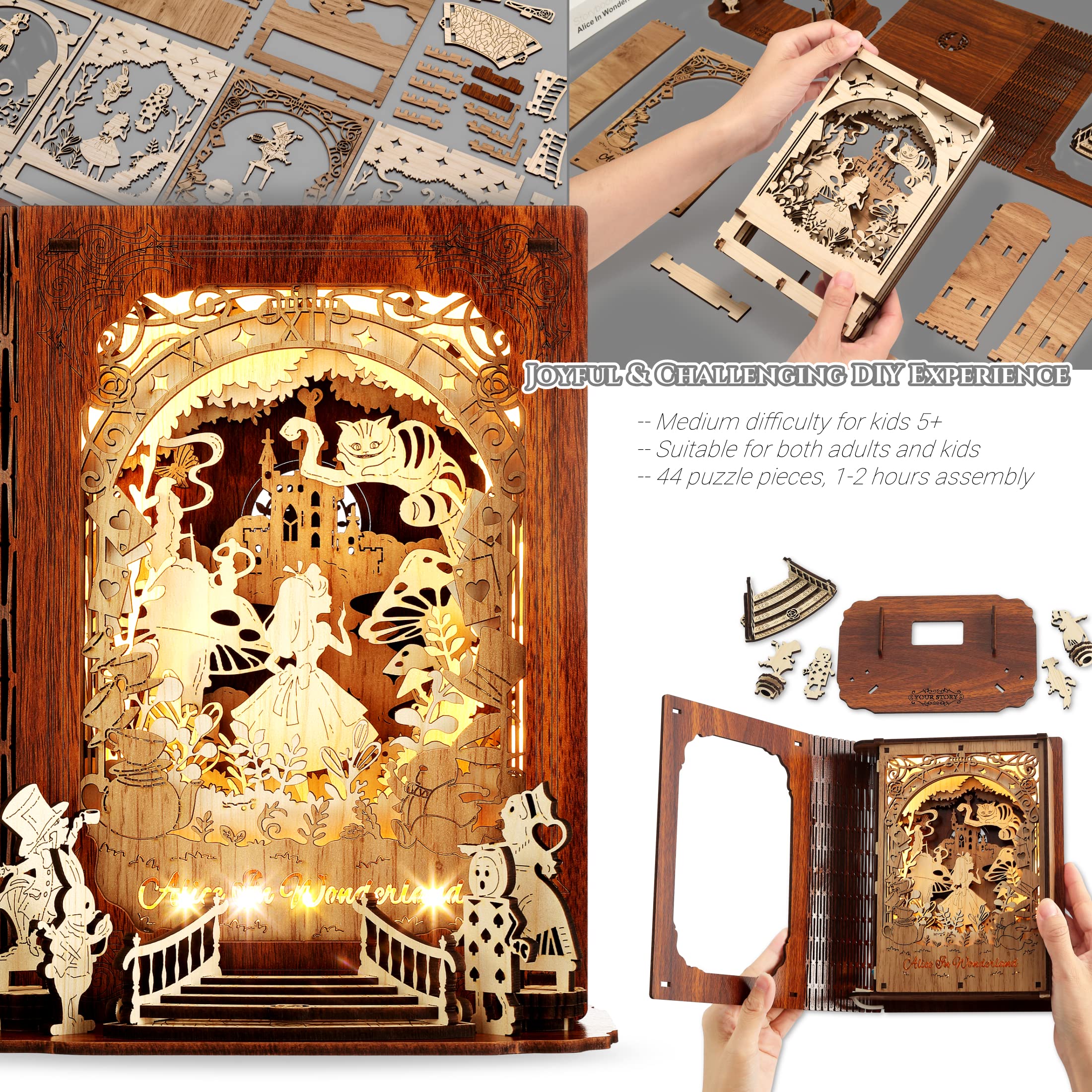 FUNPOLA 3D Puzzle Story Book Lamp - DIY Wooden LED Night Light for Kids & Adults | Alice in Wonderland Themed Bedside Decor | Perfect for Nursery, Bedroom & Gift Giving