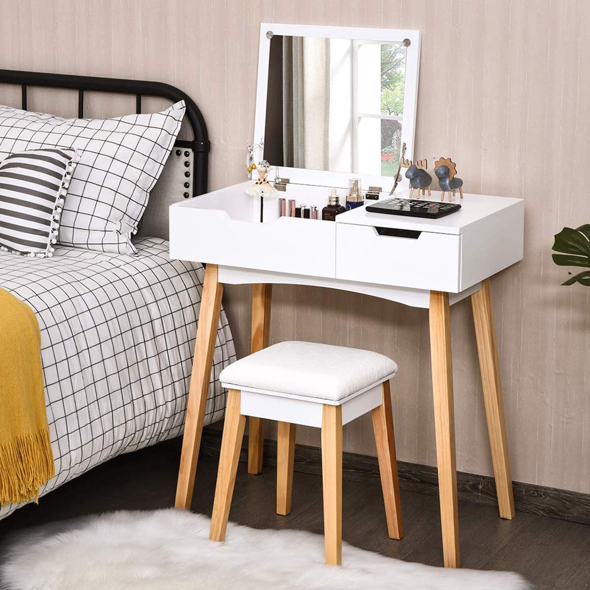 Charmaid White Wooden Vanity Table with Flip Top Mirror & Stool - Makeup Dressing Desk with Drawer & Storage Compartment - Bedroom Writing Vanity Set for Women, Girls & Kids - Easy Assembly - Perfect for Makeup, Dressing & Study Space