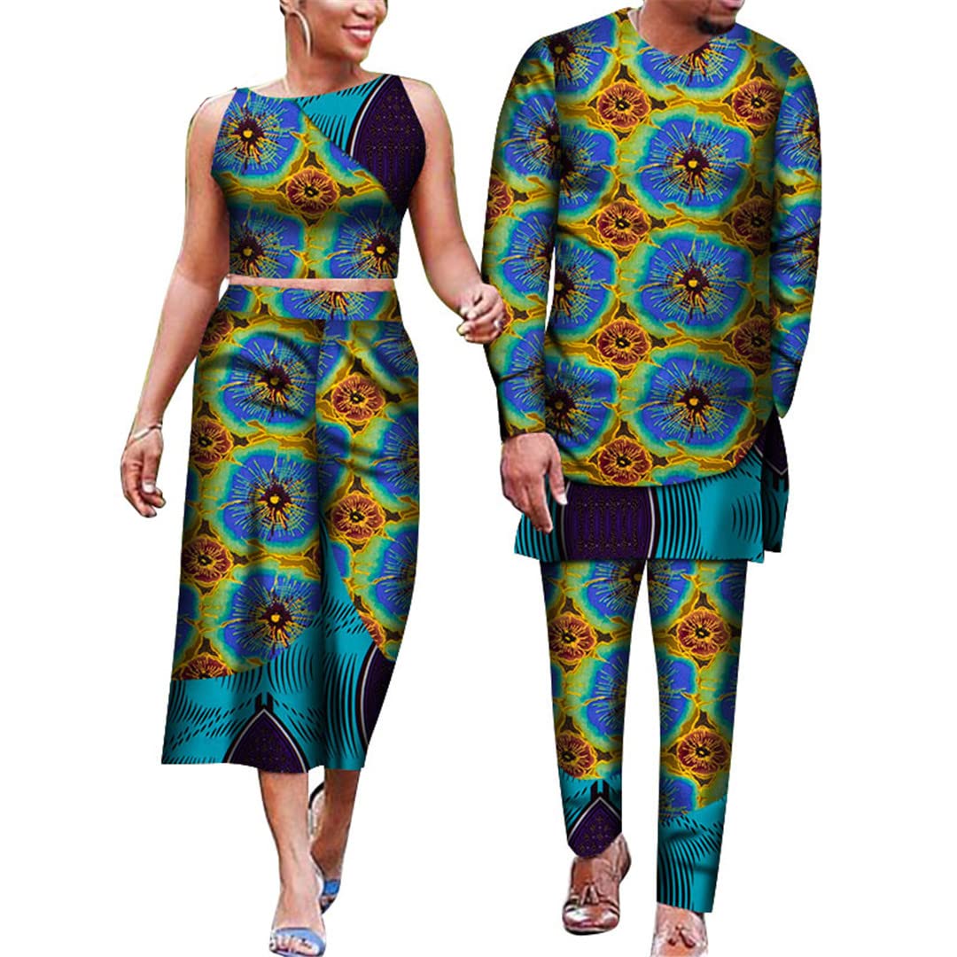 African Style Couple Matching Outfits - Floral Print Crop Top & Skirt Set with Dashiki Men's Suit - Plus Size 15 XXL - Perfect for Valentine's Day, Anniversary Gifts & Cultural Celebrations