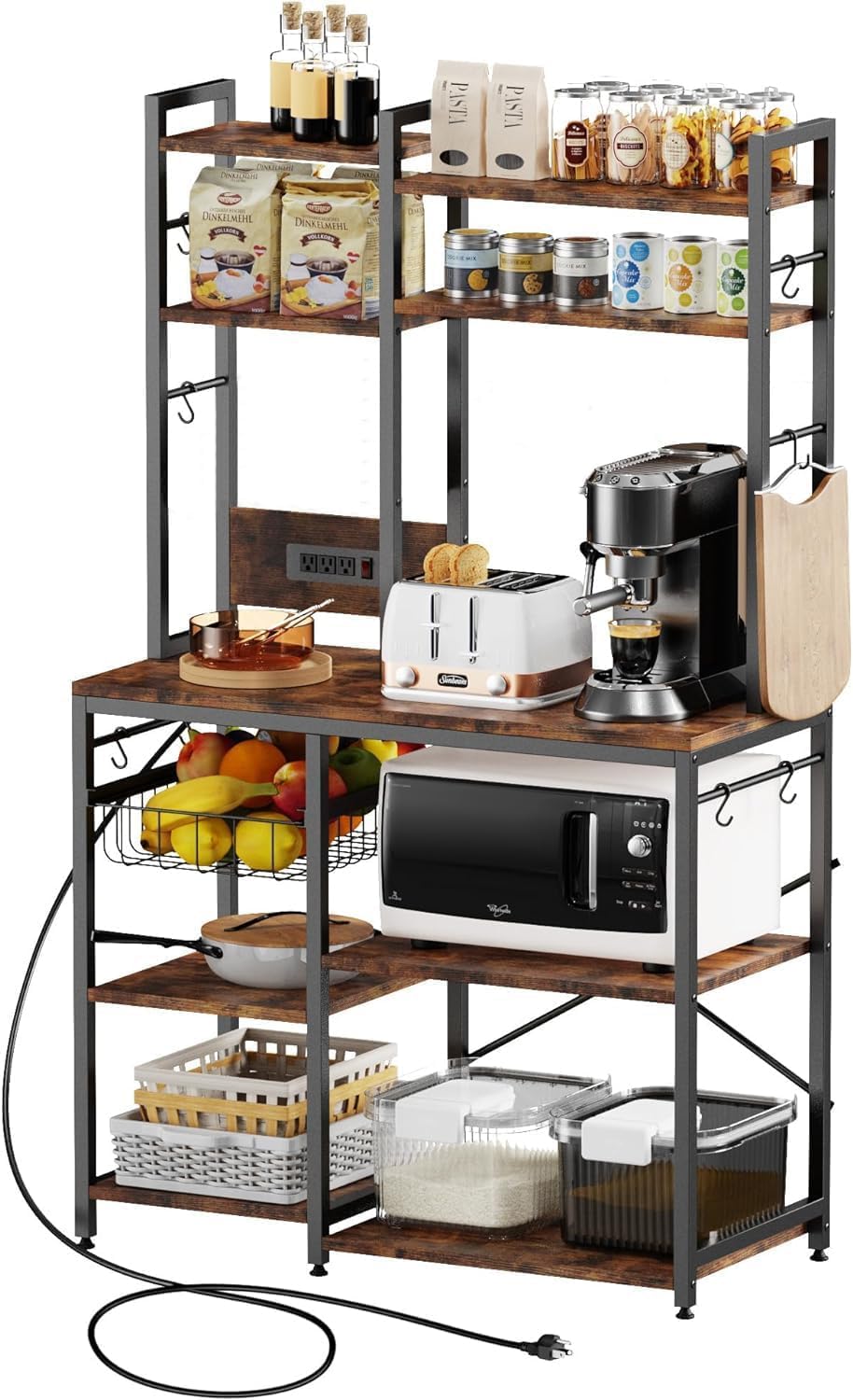 Luckyeestar 6-Tier Kitchen Baker’s Rack with Power Outlet & Microwave Stand - Coffee Bar Station with 12 S-Hooks & Wire Basket - Rustic Brown Shelving Unit for Small Kitchen, Pantry Organization & Coffee Corner Setup