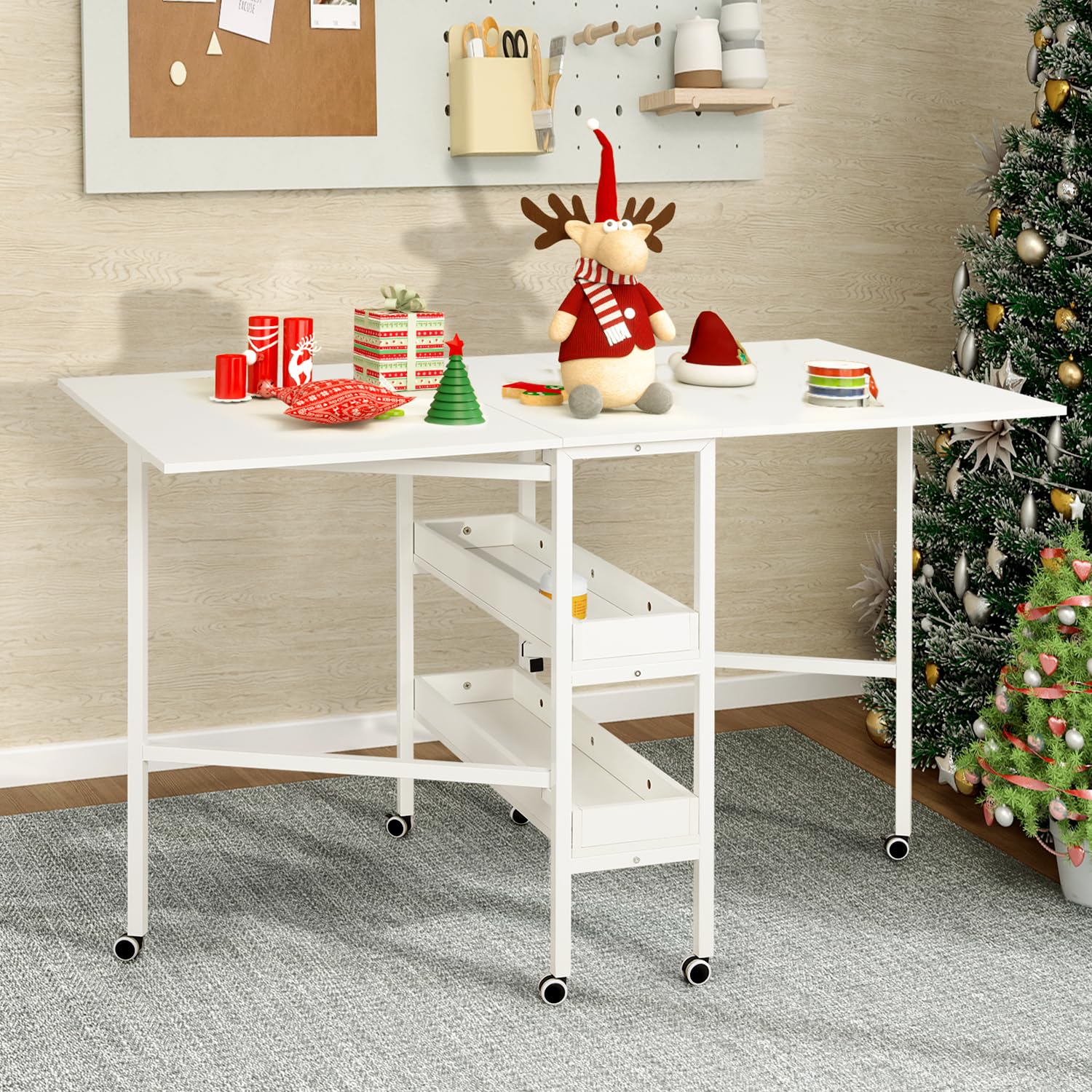 MELLCOM Mobile Folding Craft Table with Storage Shelves - 35.5in Height Adjustable Sewing Table for Fabric Cutting, DIY Projects & Home Office - Perfect for Sewing Rooms, Craft Rooms & Small Spaces