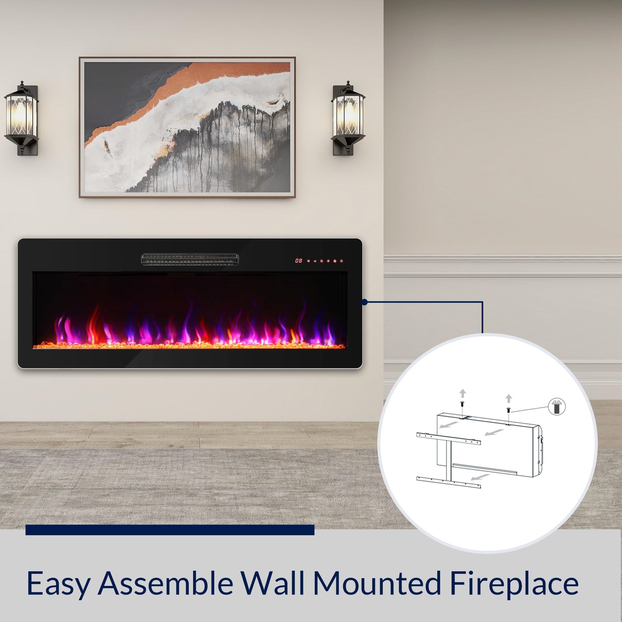BELLEZE 42 Inch Electric Fireplace Heater - 1400W Recessed Wall Mount Fireplace with Remote Control, Adjustable Flame Colors & Brightness, Timer, Touch Screen - Perfect for Living Room, Bedroom & Office Heating
