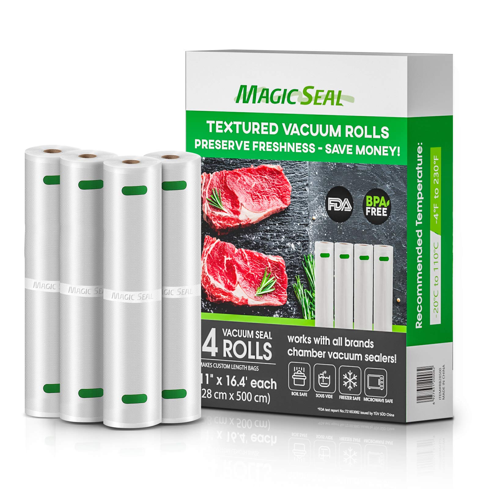 11”x 16.4' Vacuum Sealer Bags for Food Saver - 4 Rolls Heavy Duty, BPA Free, Commercial Grade | Puncture Proof, Microwave, Freezer & Boil Safe | Perfect for Meal Prep, Sous Vide & Long-Term Food Storage