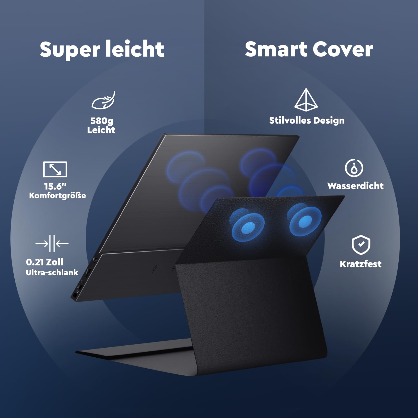 HONGO 15.6 Inch Portable Monitor - Full HD 1080P IPS Screen with Dual Speakers, USB-C & HDMI Ports for Laptop, PC, Mac, PS5, Xbox | Eye Care External Display with Protective Case | Perfect for Work, Gaming, and Travel