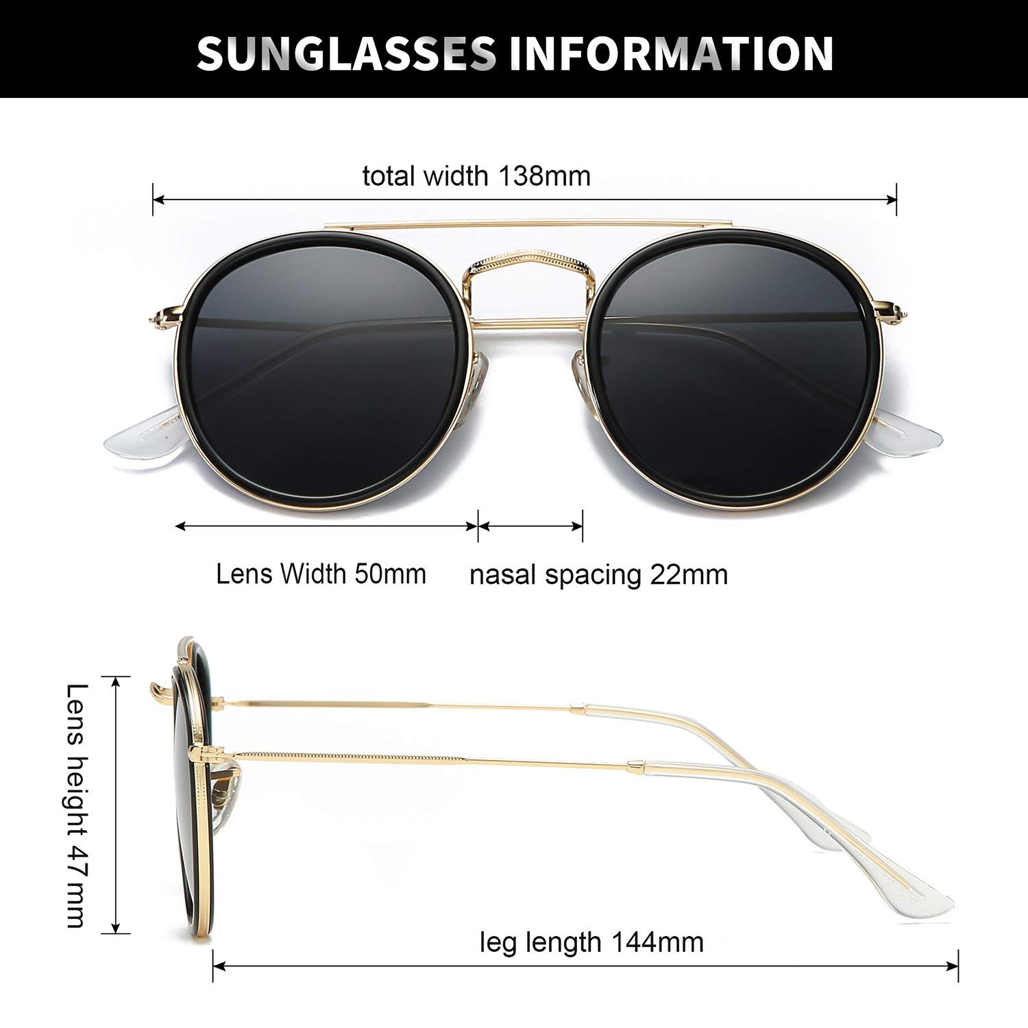 DUSHINE Polarized Round Double Bridge Sunglasses for Women & Men - 100% UV Protection - Fashionable & Lightweight for Driving, Beach, Outdoor Activities