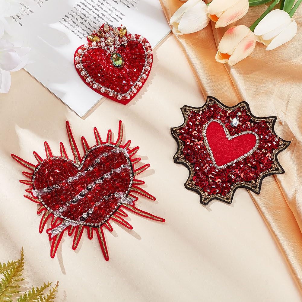 INFUNLY 3PCS Beaded Rhinestone Heart Patches 4.3x7.9 Inch - Red Cartoon DIY Sew On Appliques for Jeans, Jackets, Bags & Women's Clothing - Perfect for DIY Fashion, Arts & Crafts, and Gift Making