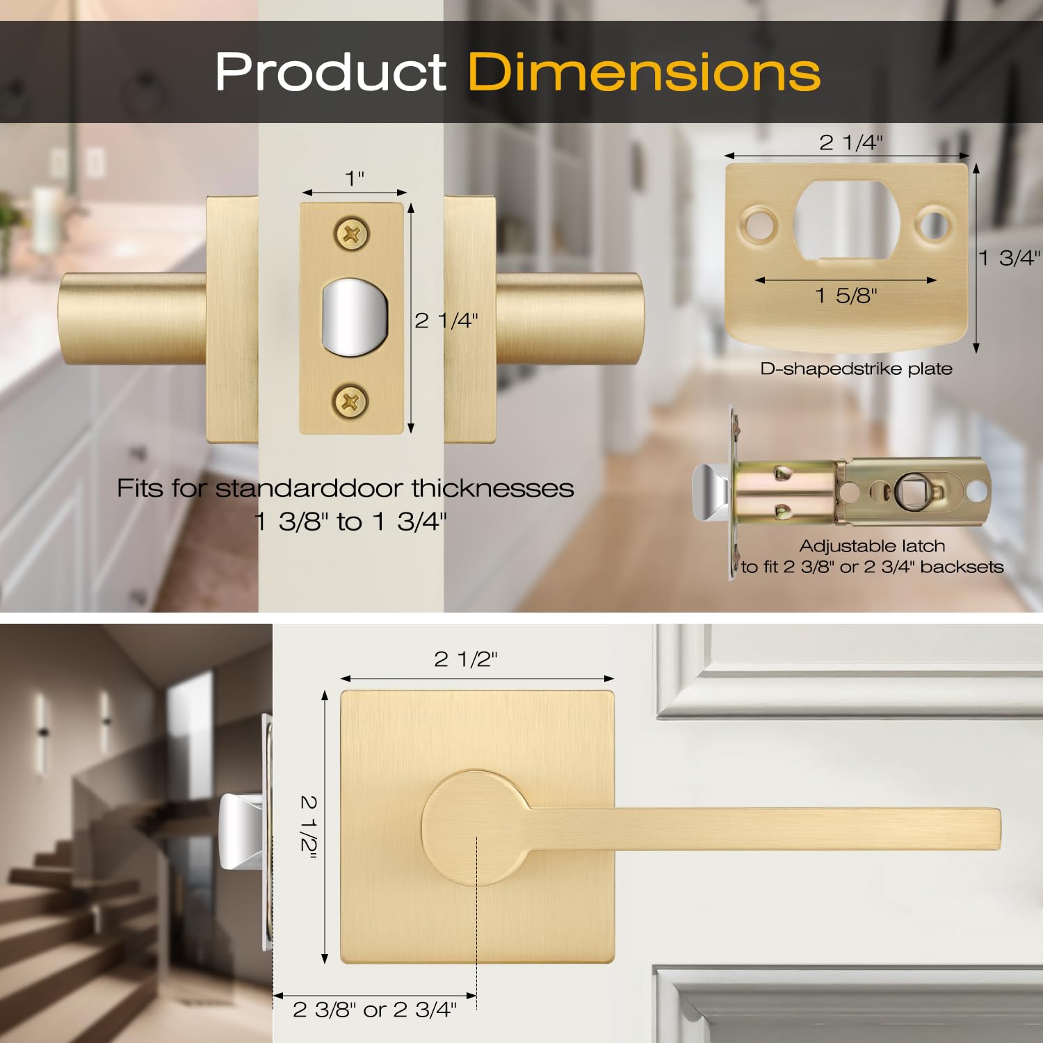 EHOMEWARE 6-Pack Satin Brass Door Handles - Gold Finish Interior Door Knobs, Heavy Duty Keyless Passage Levers for Hallway Closet & Bedroom Doors - Modern Hardware for Home & Office Upgrade