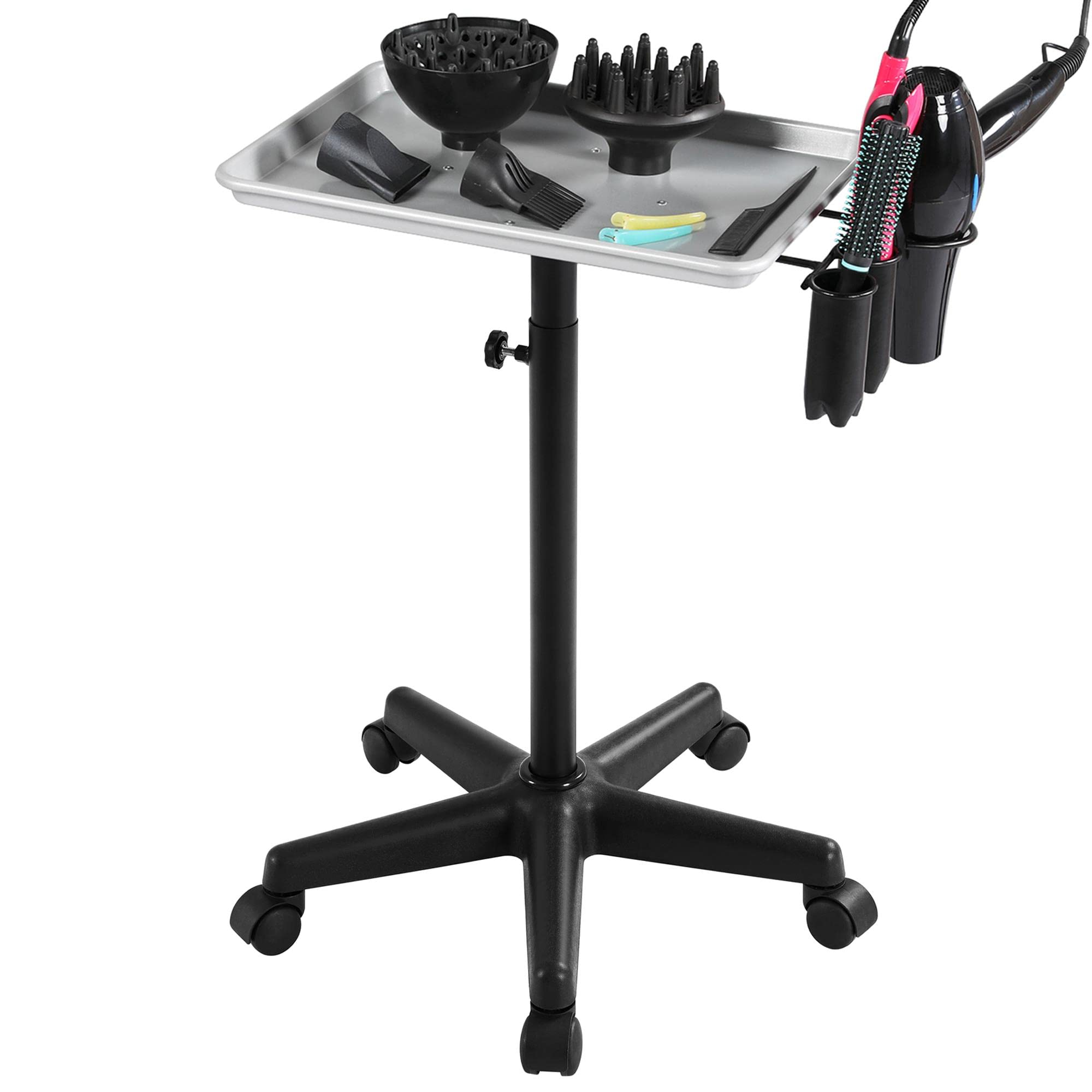 Yaheetech Adjustable Height Rolling Salon Tray - Mobile Aluminum Beauty Cart with Wheels & Accessory Caddy for Spa, Salon & Barber Shop - Silver | Perfect for Styling Tools, Nail Supplies & Hairdressing Equipment Storage