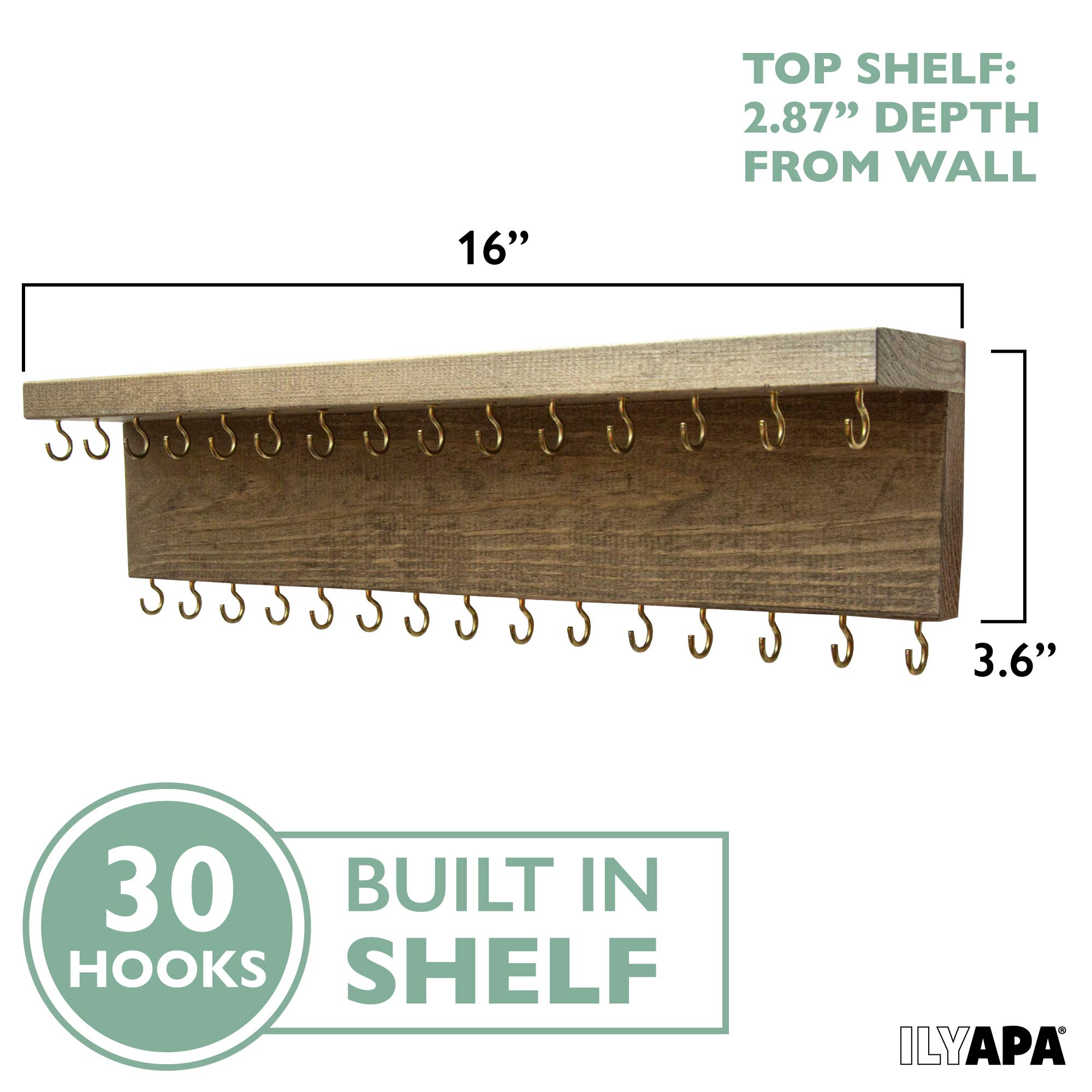 Rustic Wall Mounted Jewelry Organizer Shelf - Brown Wooden Hanger for Necklaces, Earrings & Bracelets with Hooks | Perfect for Bedroom, Bathroom & Closet Organization