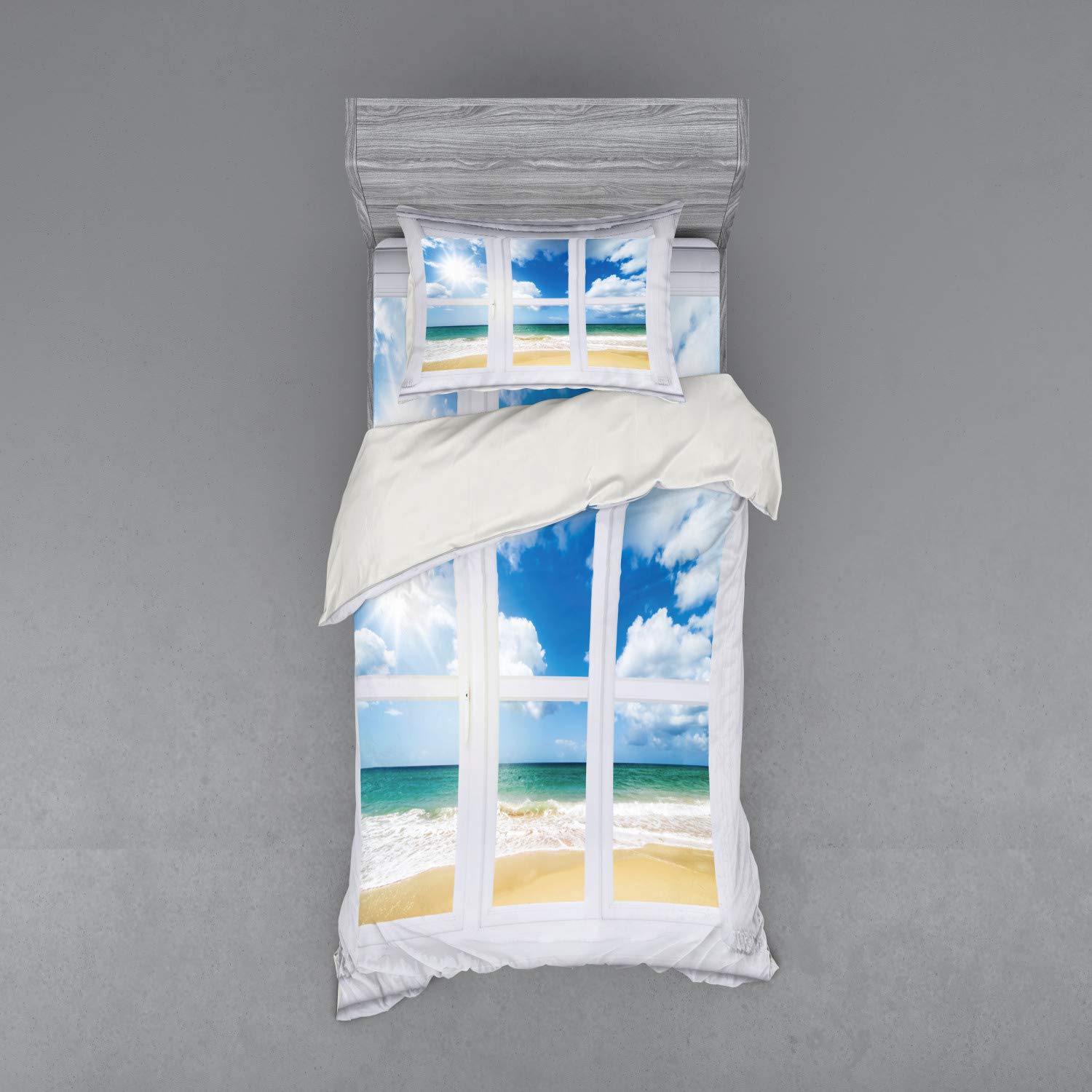 Ambesonne Coastal Beach Duvet Cover Set - Ocean View Window Design with Sunshine & Sandy Clouds - 3 Piece Bedding Set Includes Sham & Fitted Sheet - Twin XL Size in Blue Teal Sand Brown - Perfect for Beach House Decor & Coastal Bedroom Themes