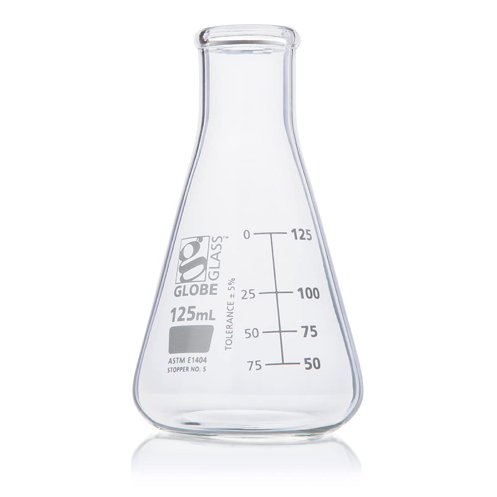 125mL Borosilicate Glass Erlenmeyer Flask - Narrow Mouth, Dual Graduations, 3.3 Expansion, ASTM E1404 Certified (Pack of 12) - Perfect for Chemistry Labs, Science Experiments & School Projects