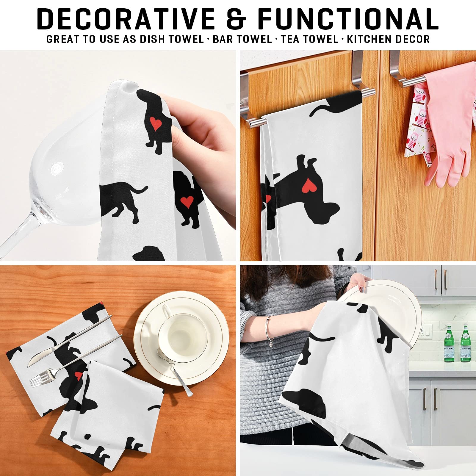 **Cute Heart Dachshund Dog Kitchen Towels - 1 Pack Reusable Absorbent Dish Cloths, Hand & Tea Towels (28