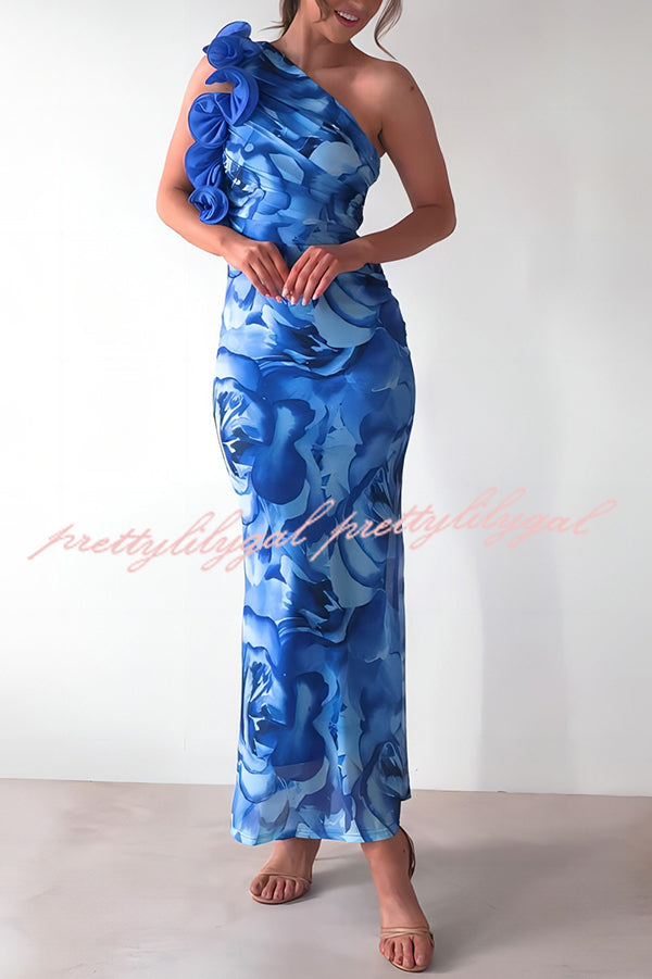 Floral Print Sleeveless 3D Flower One Shoulder Slim Maxi Dress for Women - Elegant Summer Beach Party, Wedding Guest & Cocktail Evening Gown