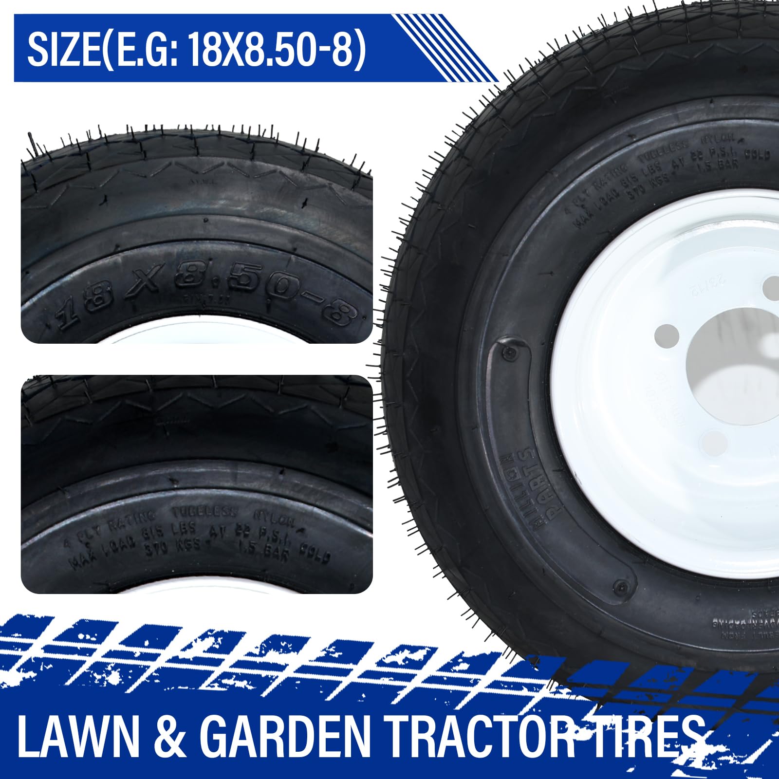 18x8.50-8 Golf Cart Tires and Rims Set of 2 - 4 Ply Load Range B - 4 Lug 4