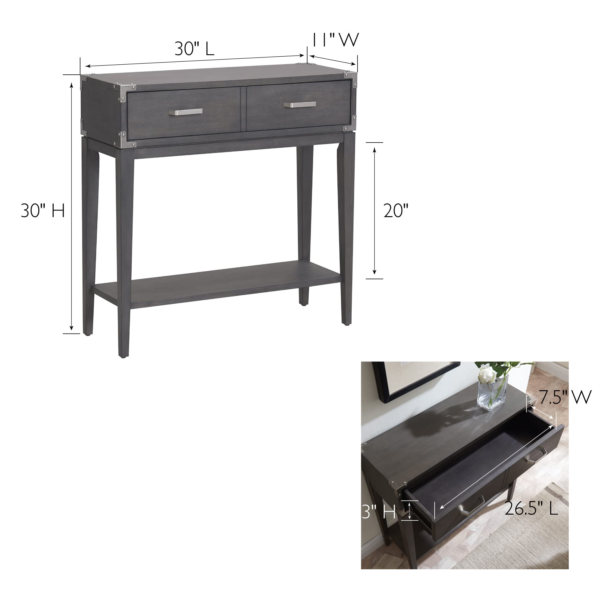 Leick Home Beckett One Drawer Hall Stand with Shelf - Entryway Storage Organizer for Living Room, Hallway & Foyer - Anthracite/Pewter Finish - Perfect for Small Spaces, Keys, Mail & Decor
