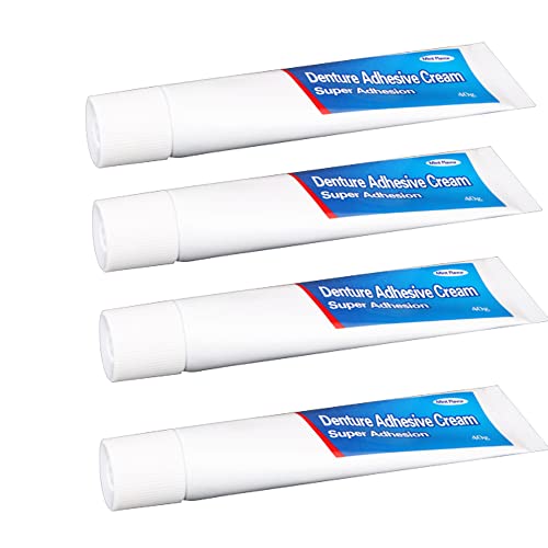 Zinc-Free Denture Adhesive Cream - Strong Hold Prosthesis Teeth Glue (160g/5.64oz, 40g x 4 Packs) for Upper, Lower & Partial Dentures - Travel Size for Comfort & Security at Home or On-the-Go