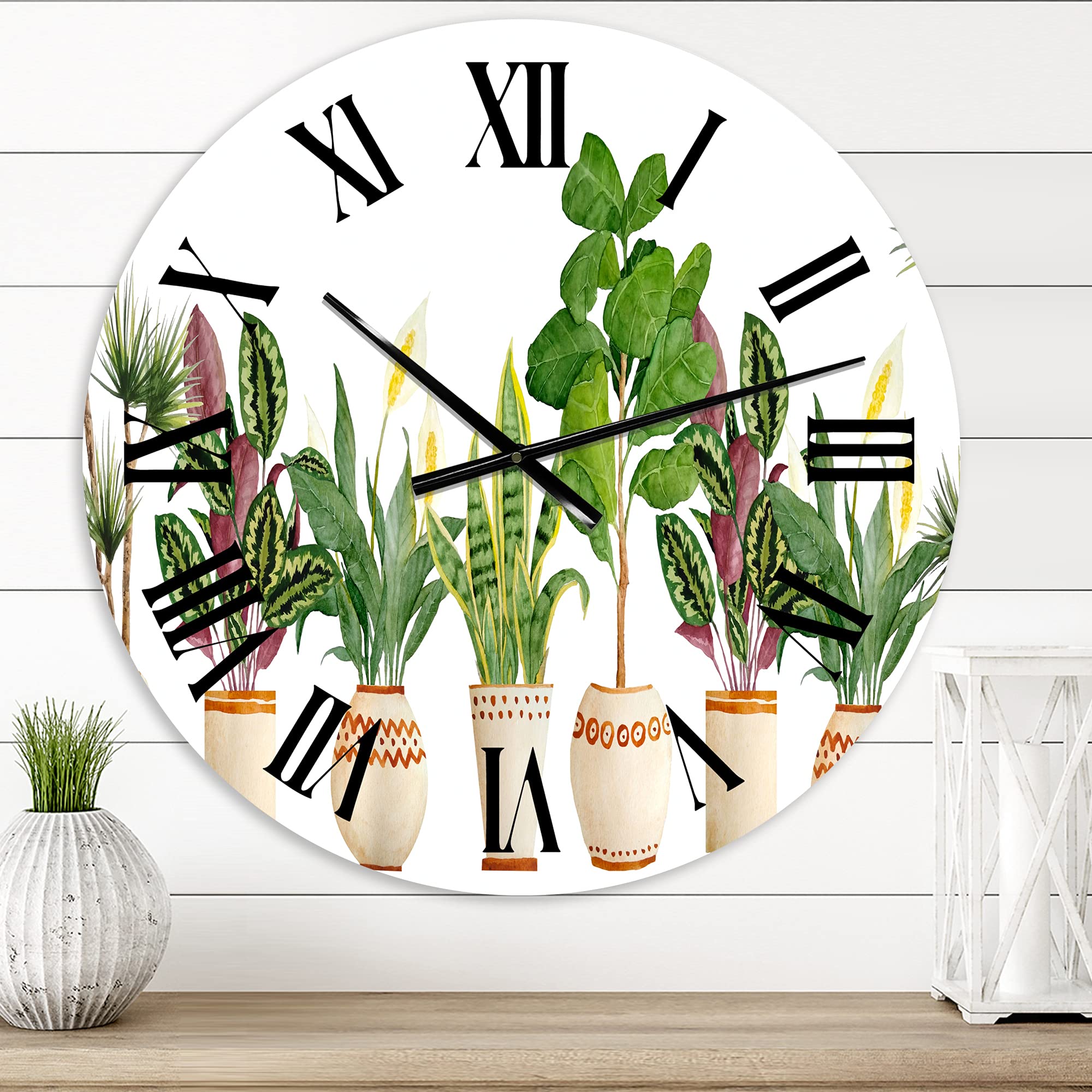 Farmhouse Wall Clock with Trio of Houseplants - Large Sansevieria Snake Plant Design for Kitchen, Living Room & Office Decor - Floral & Botanical Wall Art