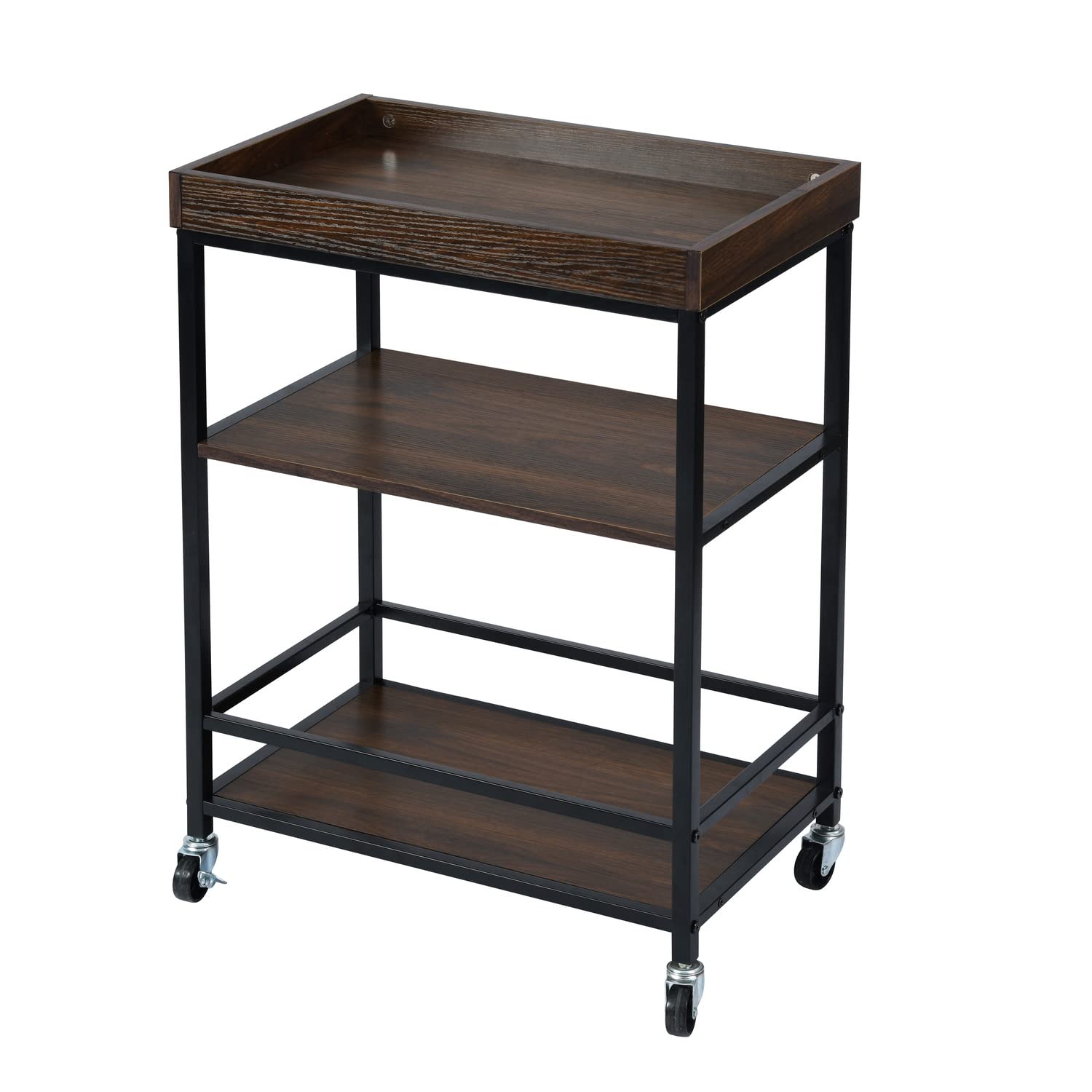 Vintage Kitchen Serving Cart with Storage - Rolling Island Cart, Bar Cart & Serving Tray - Walnut & Black Modern MDF Steel Kitchen Bench - Perfect for Small Spaces, Entertaining & Kitchen Organization