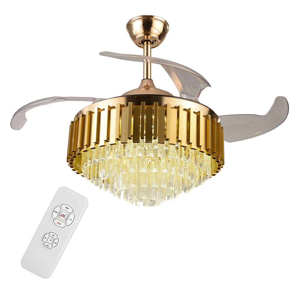 **42 Inch Modern Gold Ceiling Fan with LED Lights & Remote Control - Luxury Invisible Chandelier Fan, Silent Crystal Pendant Light for Living Room, Bedroom, Dining Room & Office**