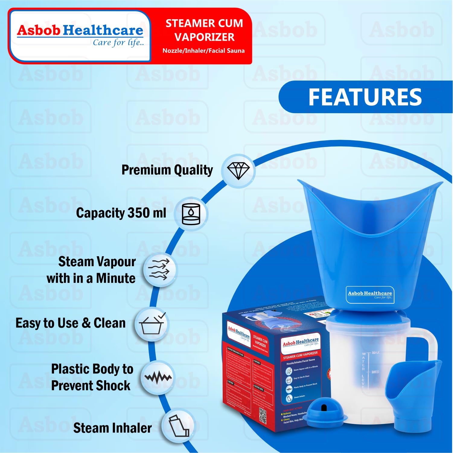 Asbob 3-in-1 Steamer for Cold & Cough Relief - Electric Vaporizer for Adults, Facial Steamer & Steam Inhaler - Portable Nebulizer for Home & Travel Use (Blue) - Perfect for Congestion Relief & Skincare Routine
