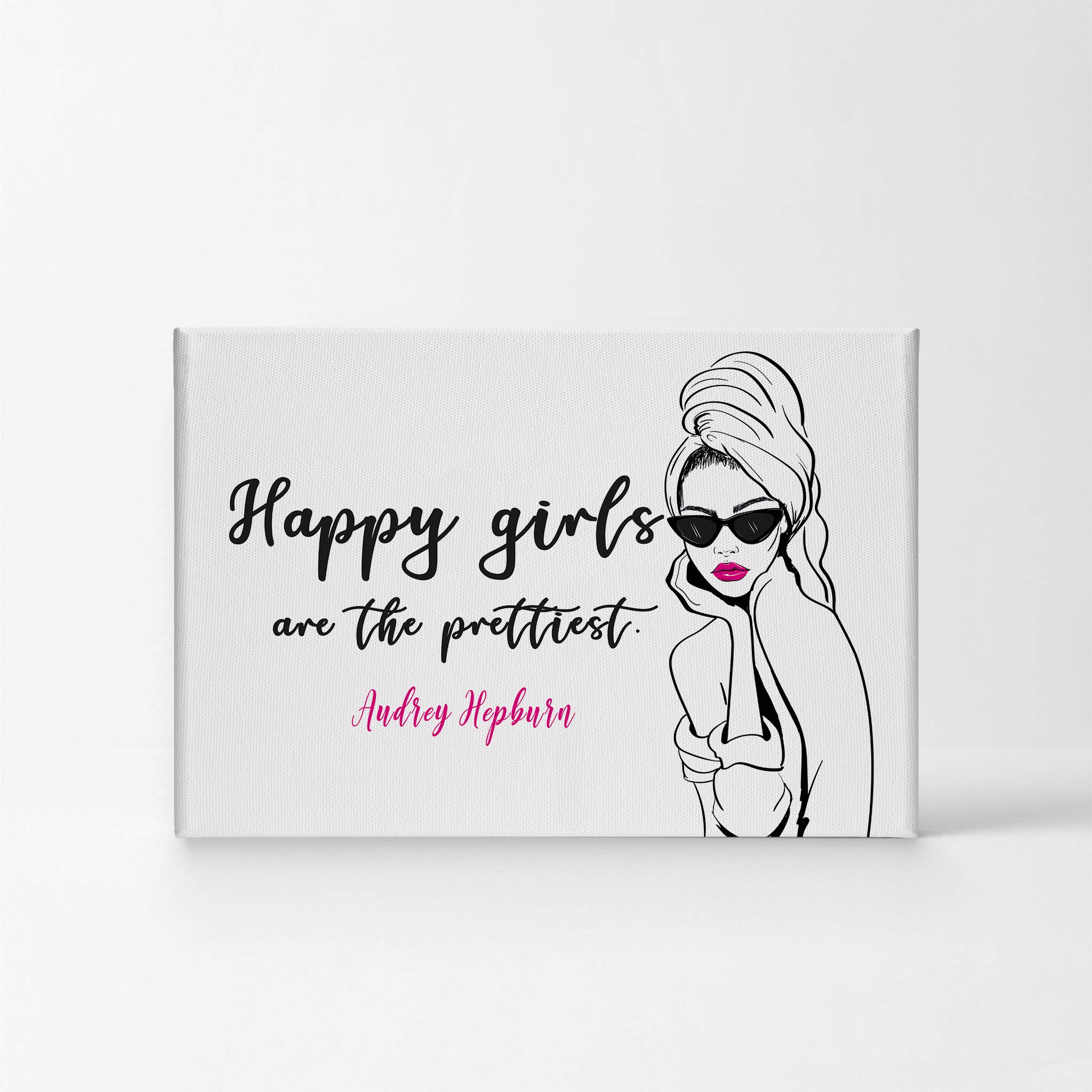 Happy Girls Are the Prettiest Audrey Hepburn Quote Canvas Wall Art - 24x36 Glam Fashion Print for Office, Bathroom, Teen Girl Room, Women's Dorm & Living Room Decor - Ready to Hang Inspirational Home Decor
