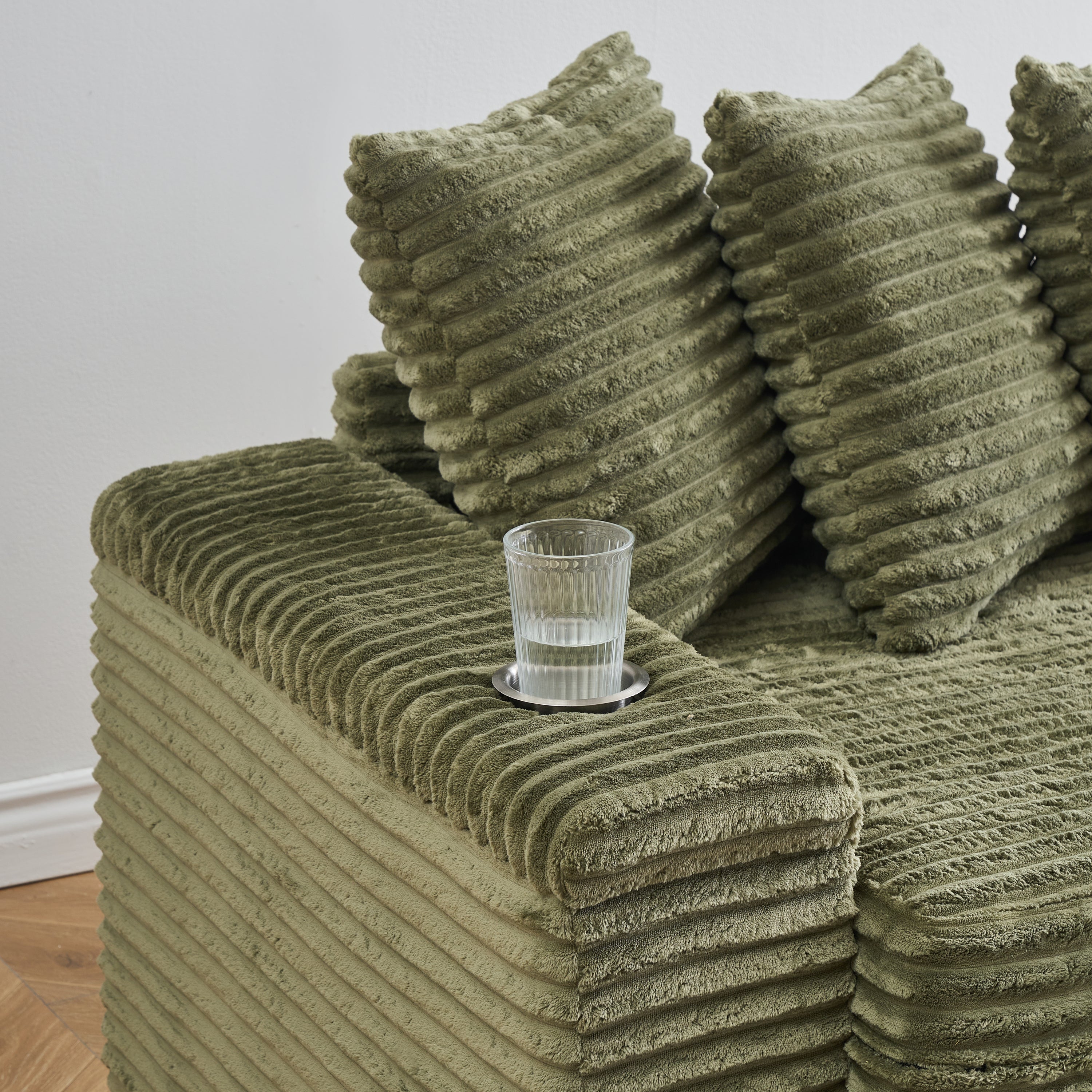 111.4 Inch Green Corduroy Sofa with Cup Holders & Storage Lockers on Armrests, Reversible Chaise Lounge (Left/Right Swappable) - Perfect for Living Room & Bedroom | Modern Comfort for Movie Nights & Family Gatherings