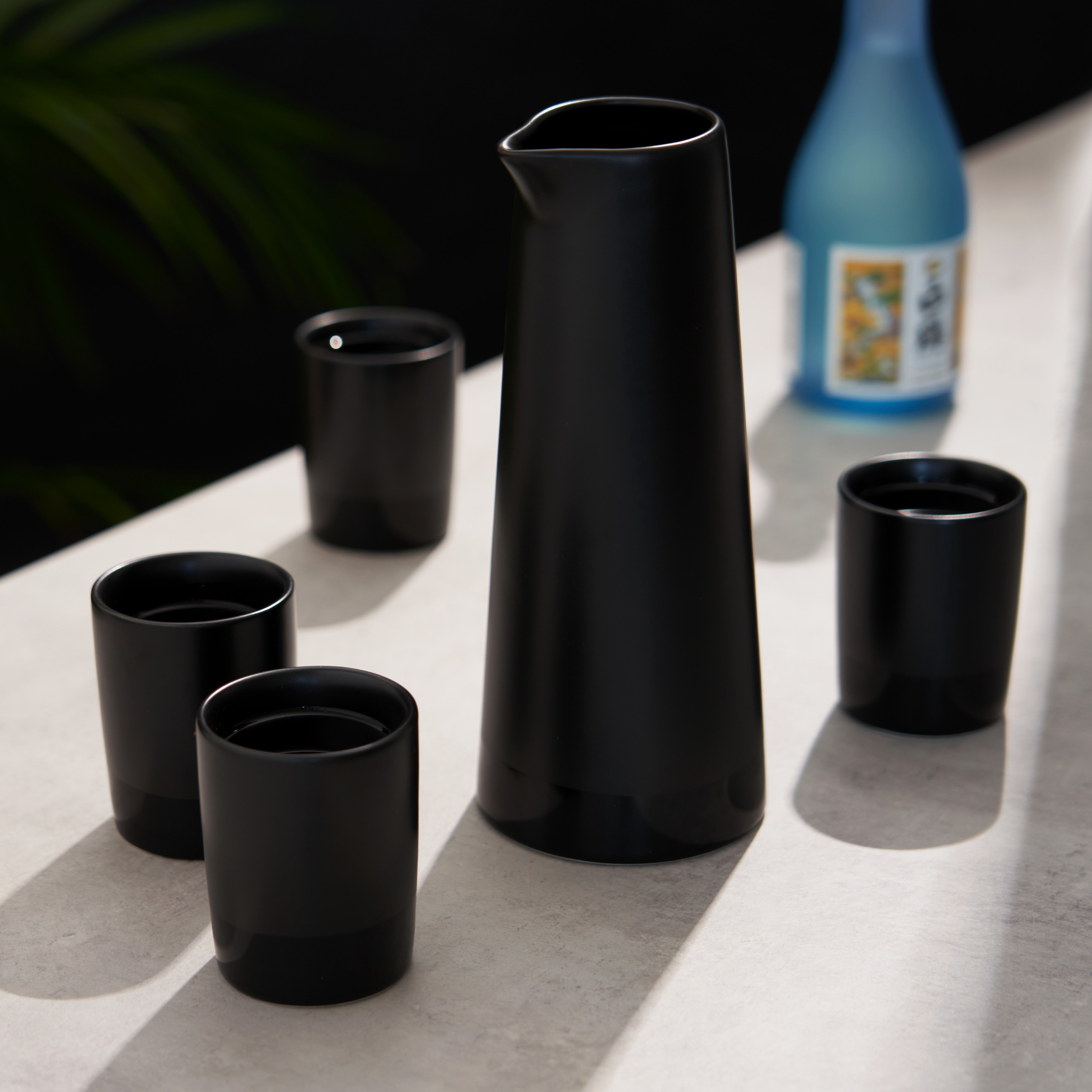 Premium 5-Piece Black Stoneware Sake Set - Traditional Japanese Ceramic Drinking Cups & Carafe for Sushi Dinner, Asian Cuisine & Home Entertaining
