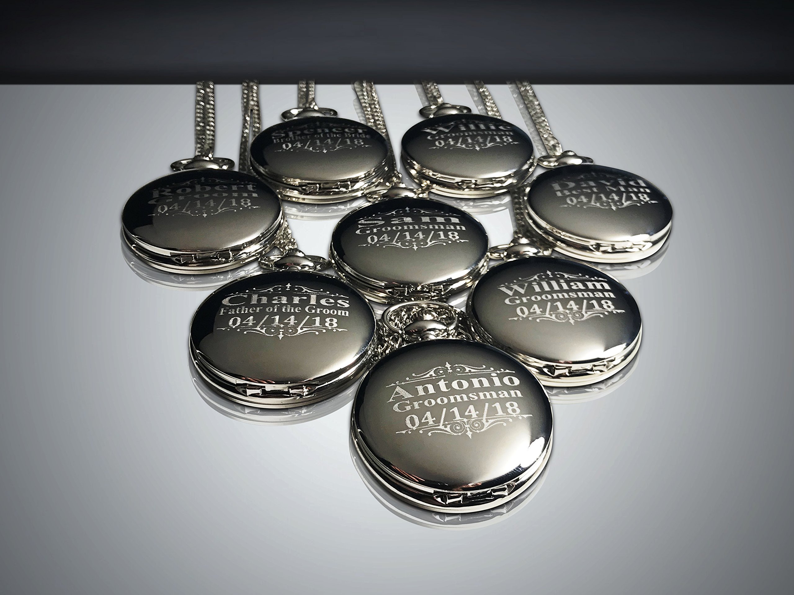 8-Piece Groomsmen Pocket Watch Set with Chain, Engraving & Gift Box - 4 Color Options - Perfect for Weddings, Anniversaries & Special Occasions