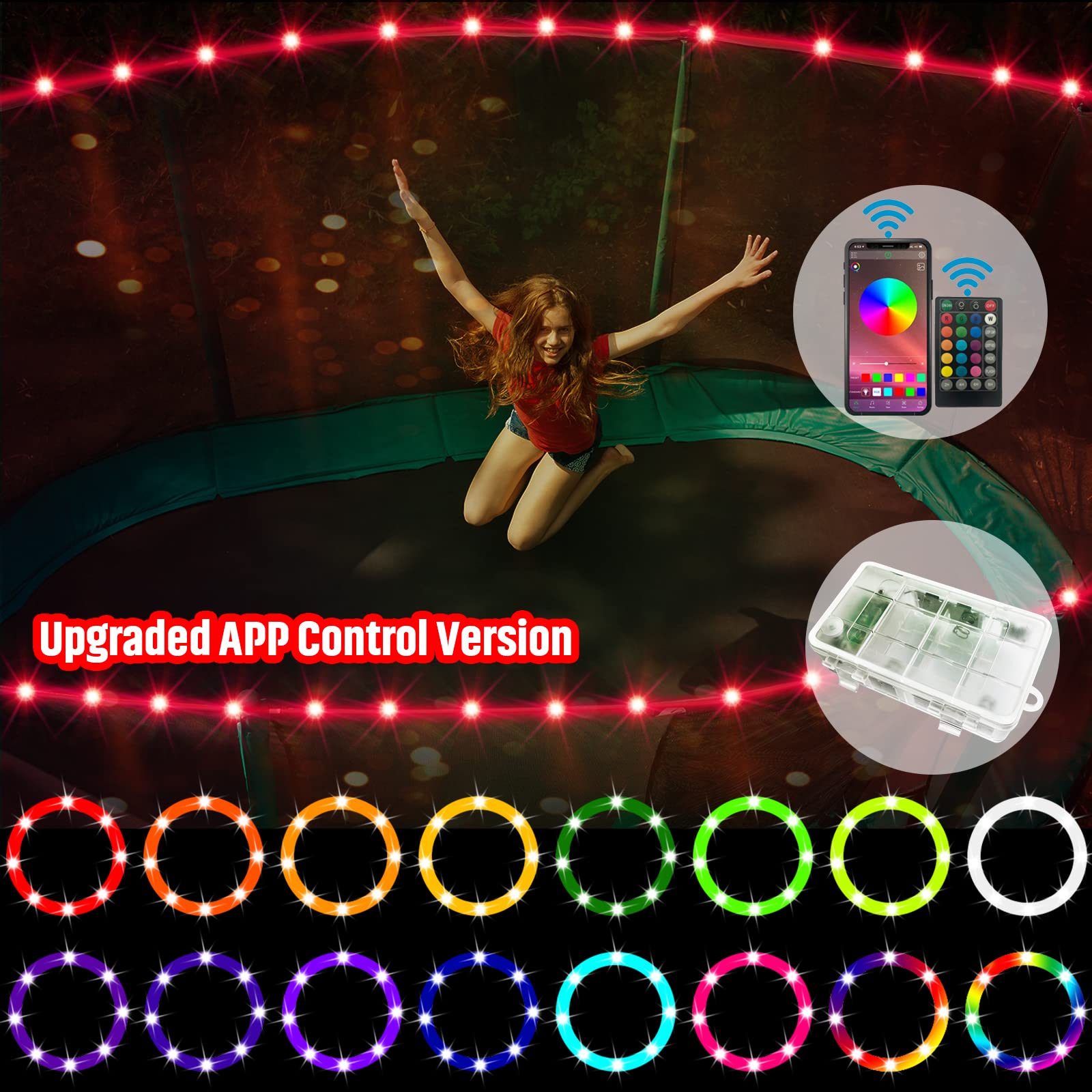 Upgraded APP & Remote Control LED Trampoline Lights - 16 Color Changing, Waterproof, Battery Powered for Nighttime Outdoor Play | Perfect for Backyard Parties, Family Fun & Kids Entertainment
