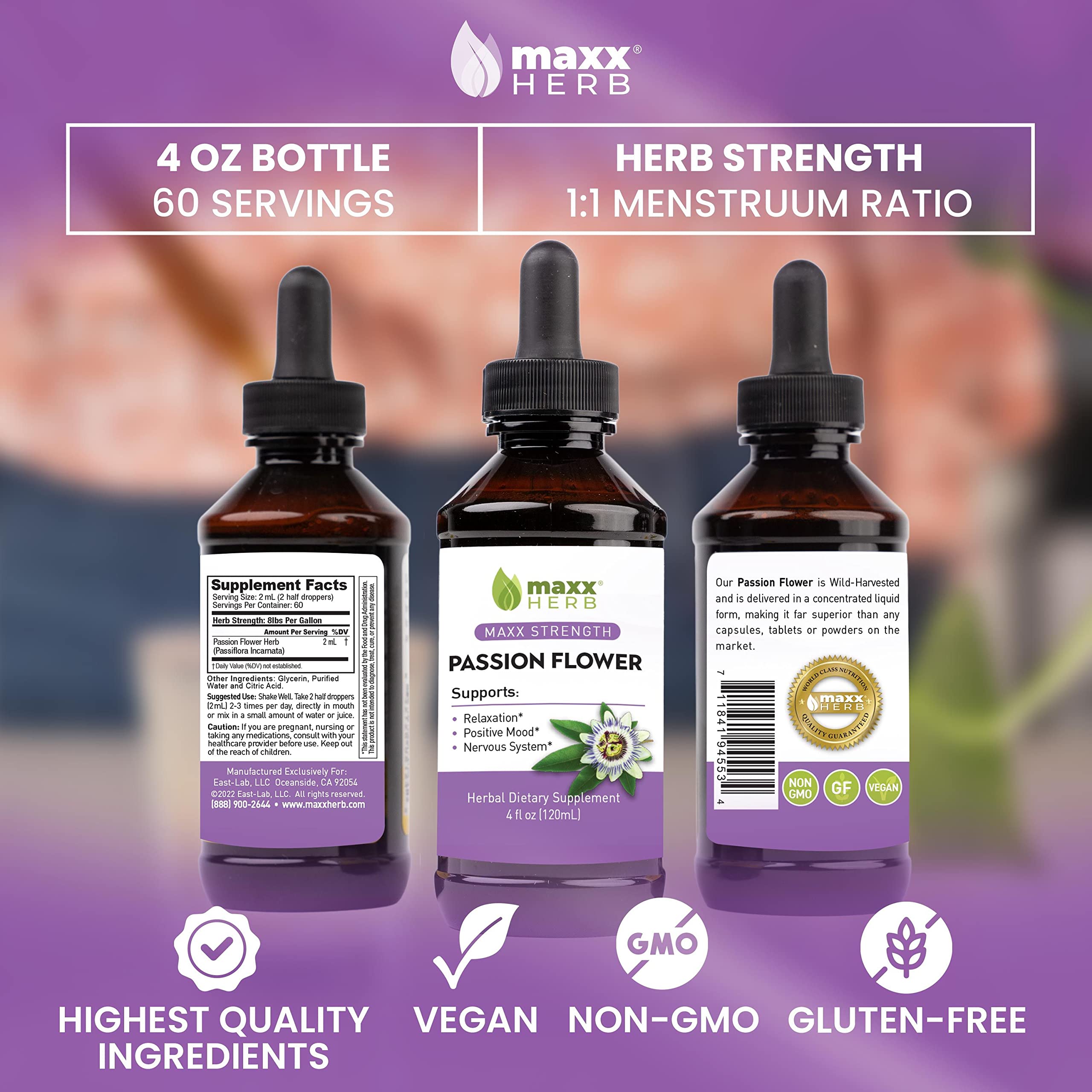 Maxx Herb Passion Flower Extract - Max Strength Liquid for Relaxation & Stress Relief, Alcohol-Free, Better Absorption Than Capsules - 4 Bottles (4 Oz Each, 240 Servings) - Perfect for Anxiety Relief, Sleep Support & Daily Calm