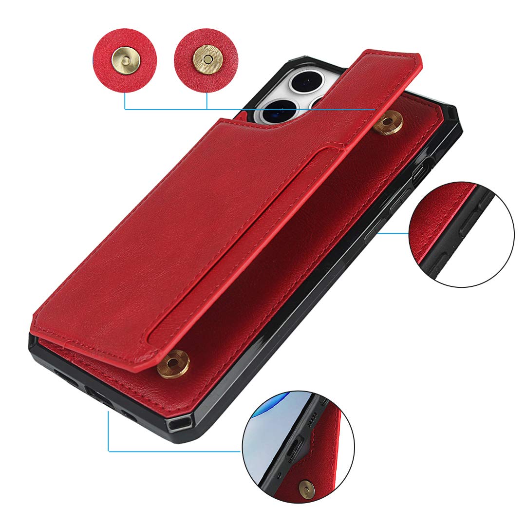 Premium Leather iPhone 12 Case with Card Holder & Stand - Shockproof Wallet Phone Case for iPhone 12/12 Pro (Red) - Perfect for Work, Travel & Everyday Protection