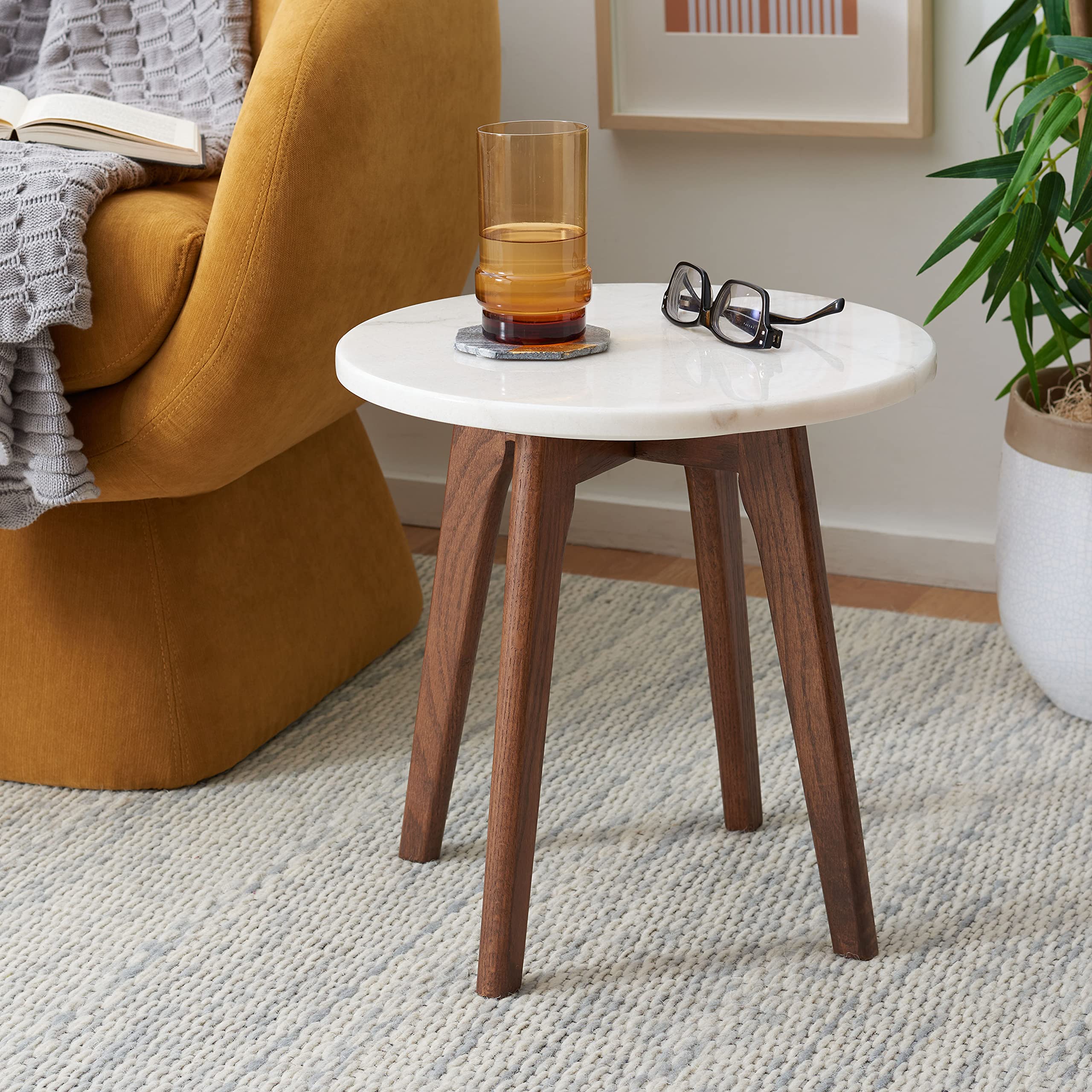 SAFAVIEH Home Collection Marini Round Accent End Table - Marble & Walnut Finish - Perfect for Living Room, Bedroom, or Office Decor