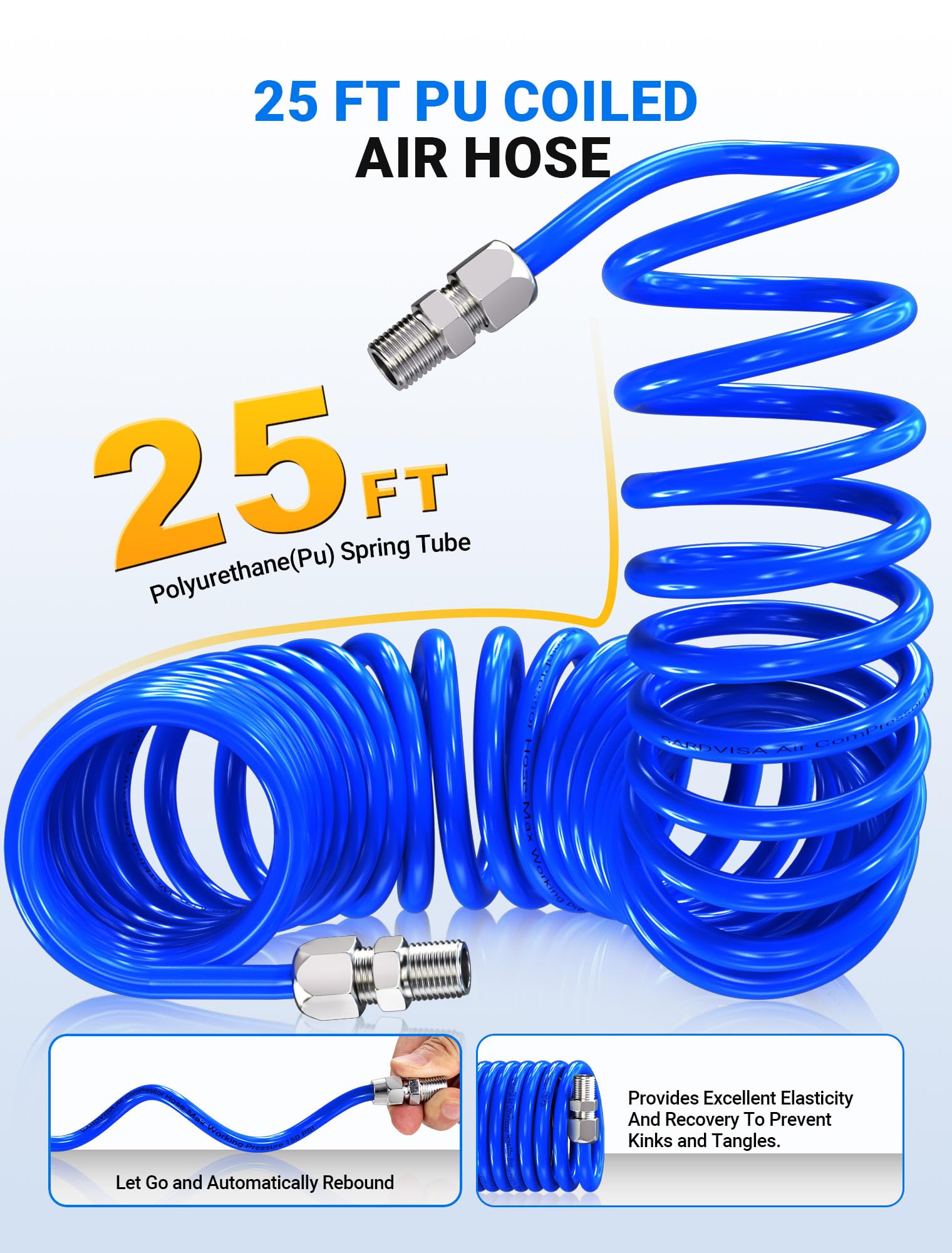 25 FT Repairable PU Recoil Air Hose - Heavy Duty Industrial Air Compressor Hose with 1/4