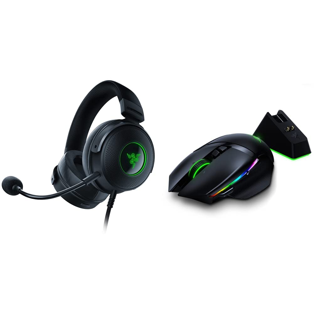 Razer Kraken V3 HyperSense Wired USB Gaming Headset with 7.1 Surround Sound & Basilisk Ultimate HyperSpeed Wireless Gaming Mouse with Charging Dock - 20K DPI Optical Sensor - Fastest Gaming Mouse Switch - Classic Black - Perfect for PC Gaming, Streaming and Esports Tournaments