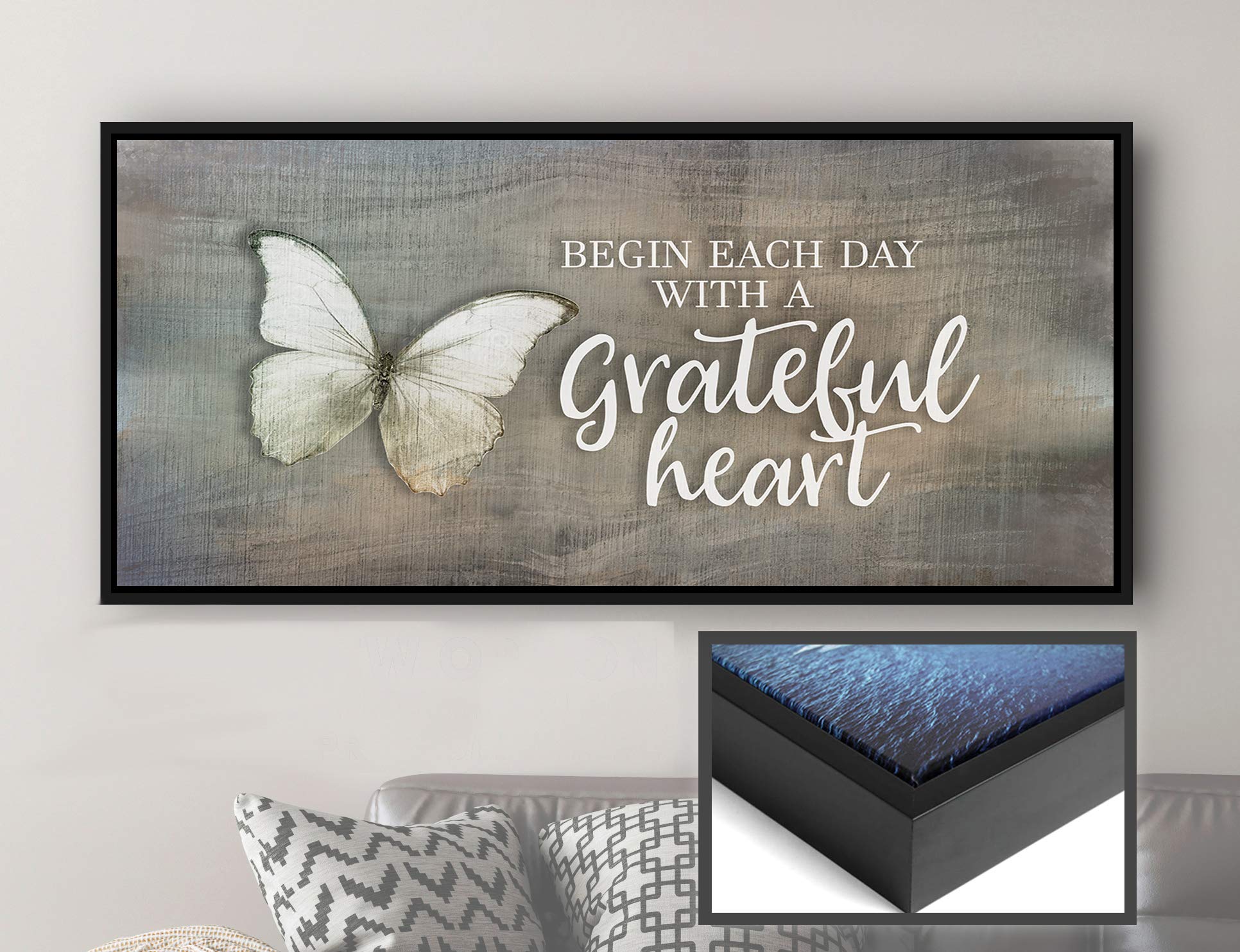 Inspirational Wall Art - 'Begin Each Day' Motivational Quote Canvas Print with Black Floating Frame, Religious & Blessed Home Decor, Large Butterfly Wall Décor (Grey, 42x19 Inches) - Perfect for Living Room, Bedroom & Office Inspiration