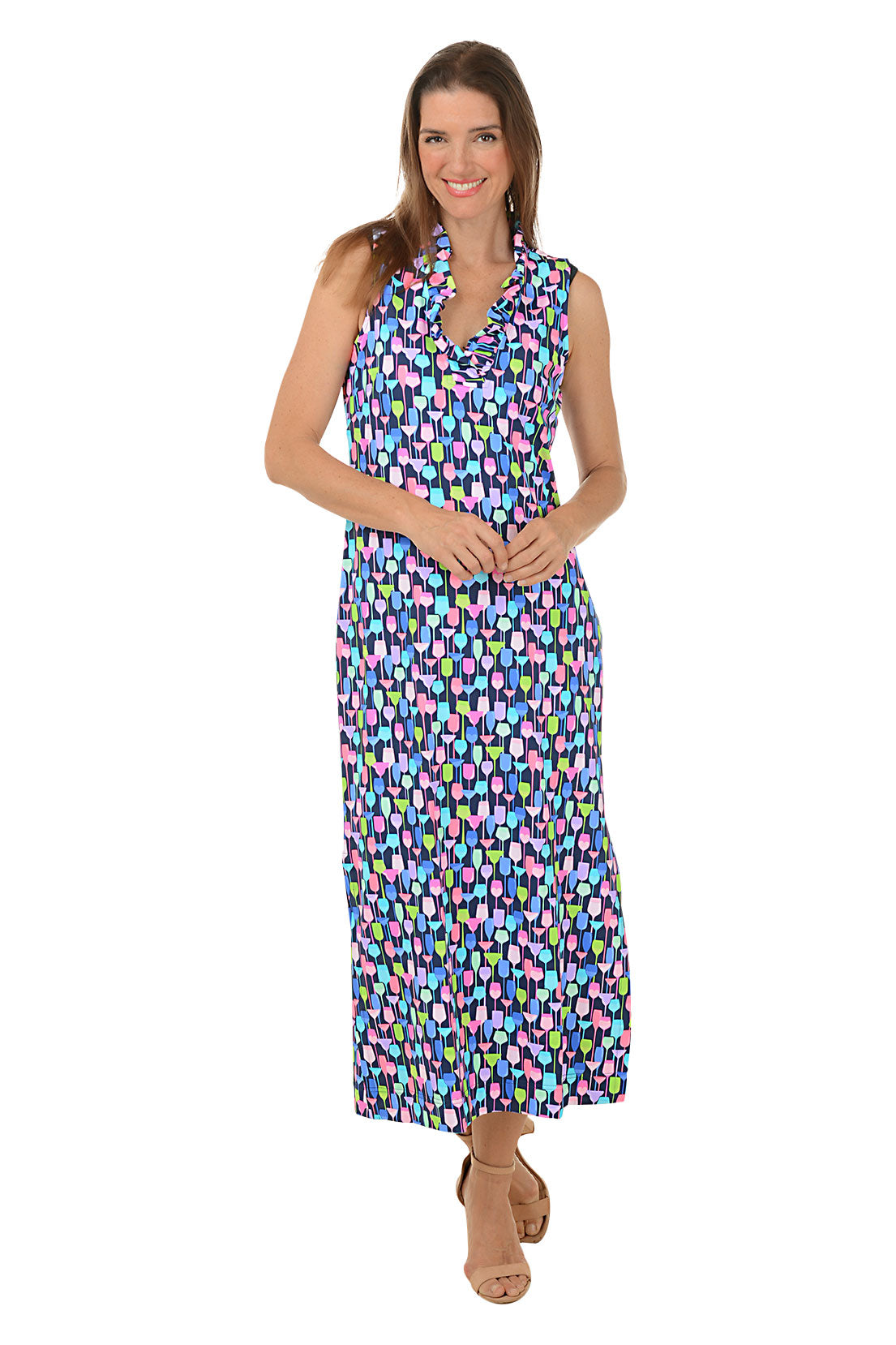 UPF50+ Sun Protection Ruffle Neck Sleeveless Maxi Dress for Women - Beach Wedding, Summer Vacation & Outdoor Party Wear