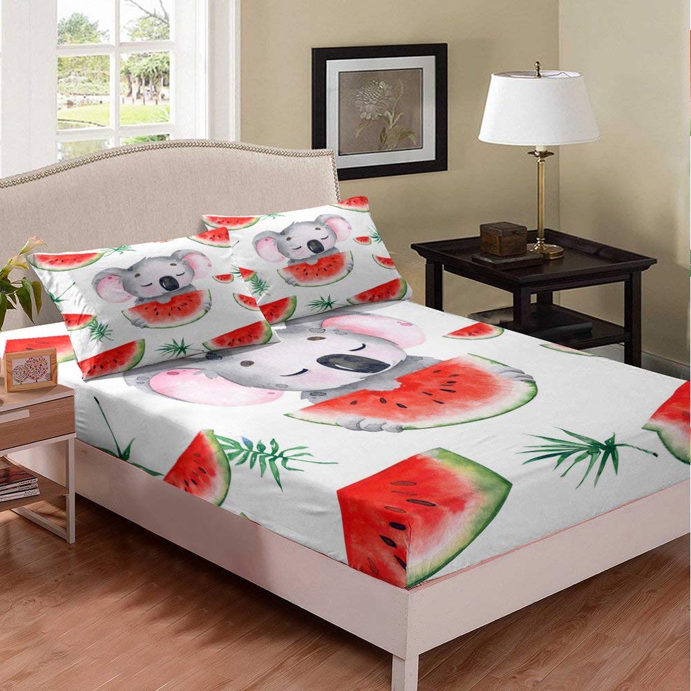 Koala Watermelon Print Full Size Fitted Sheet - Soft Microfiber Bedding for Kids & Teens