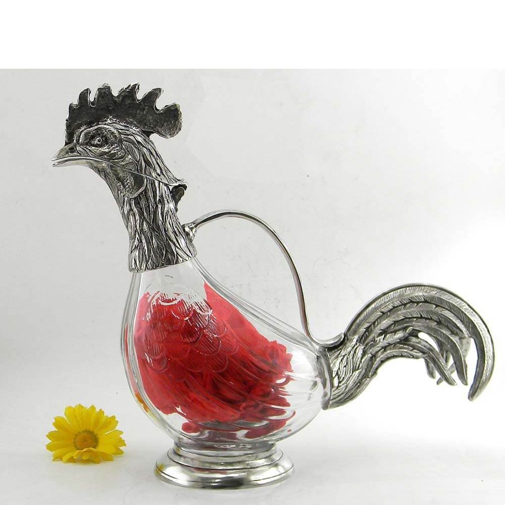 Hand-Blown Glass & Pewter Rooster-Shaped Pitcher - Elegant Decorative Pitcher for Home Bar, Kitchen, or Gift - Perfect for Serving Wine, Cocktails, or Displaying as Rustic Farmhouse Decor