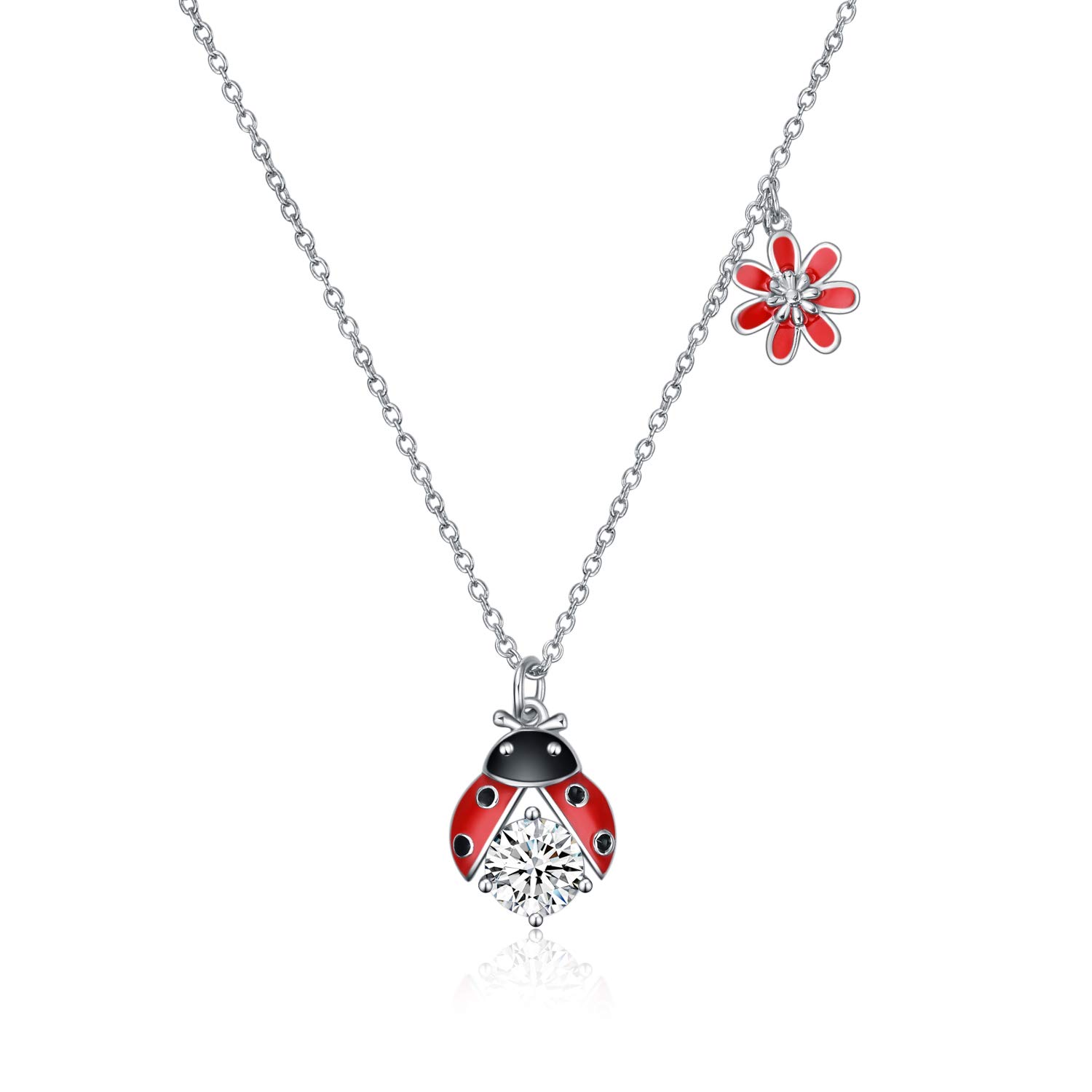 POPLYKE Sterling Silver Ladybug Necklace - Dainty Jewelry Gift for Women, Girls, Mothers & Daughters | Birthday, Anniversary, Valentine's Day Present