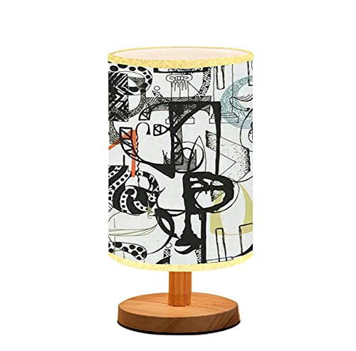 Minimalist Wooden Flaxen Fabric Shade Bedside Table Lamp - Hand Drawn Abstract Letters & Seamless Grunge Doodle Design for Bedroom, Living Room, or Nursery - Perfect Nightstand Lighting for Reading, Breastfeeding & Relaxation