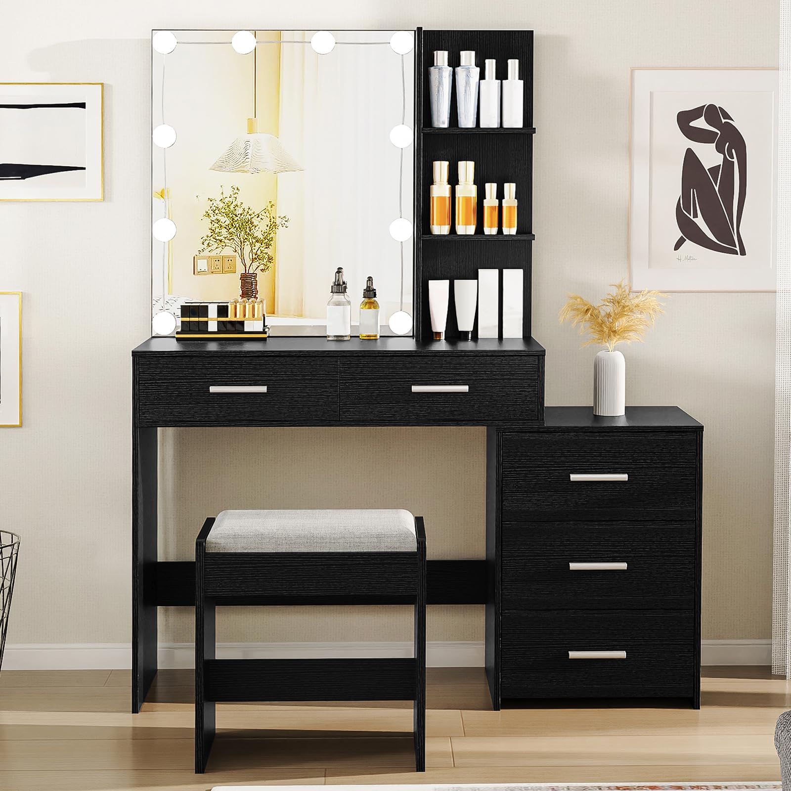 USIKEY 43.5 Inch Large LED Makeup Vanity Desk Set with Mirror, 10 Adjustable Lights, 5 Storage Drawers & Stool - Modern Dressing Table with Shelves for Women & Girls (Black) | Perfect for Bedroom, Dorm Room & Beauty Salon Organization
