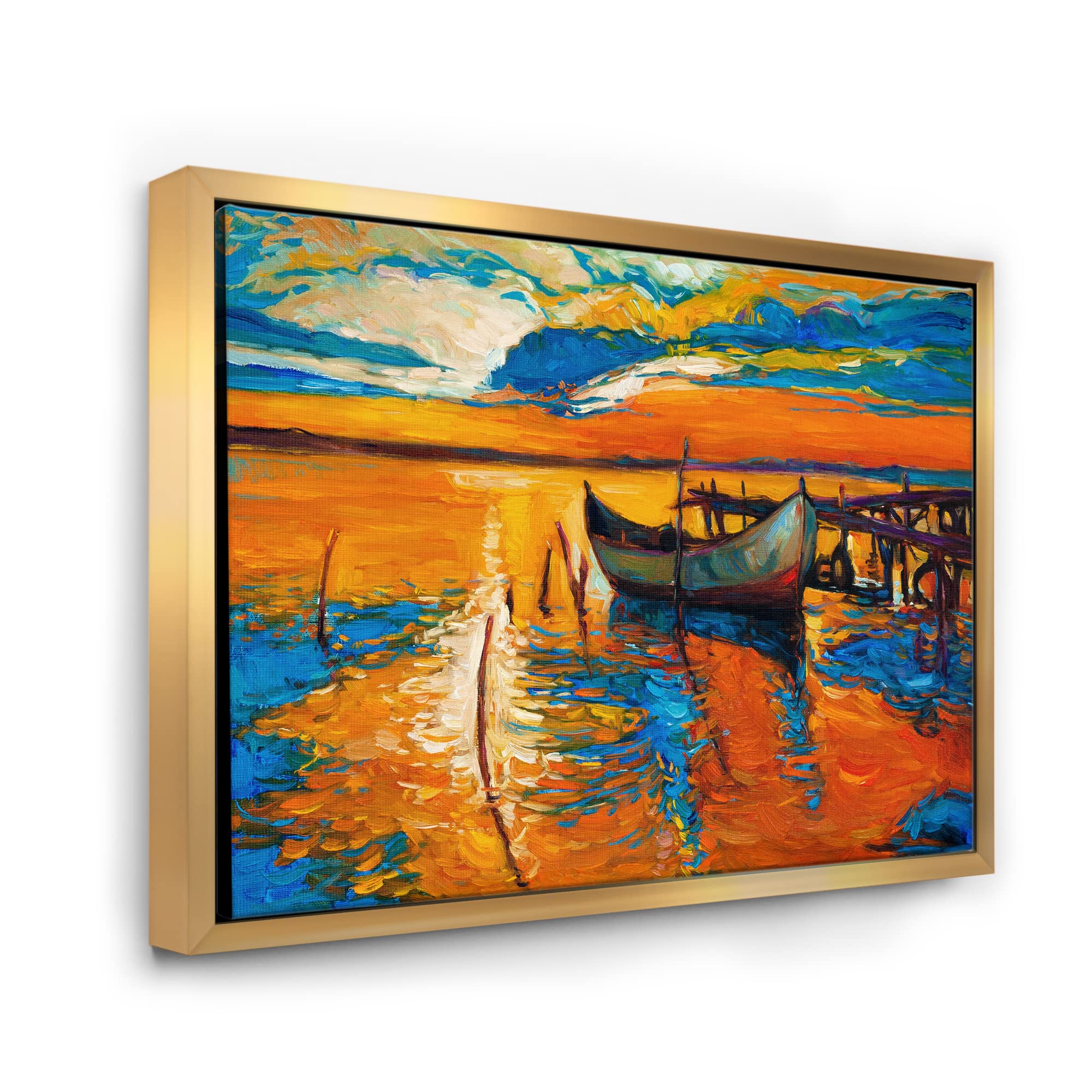 DesignQ Lake Sunset Boat Painting - Nautical & Coastal Framed Canvas Wall Art Print for Living Room, Bedroom, or Office Decor