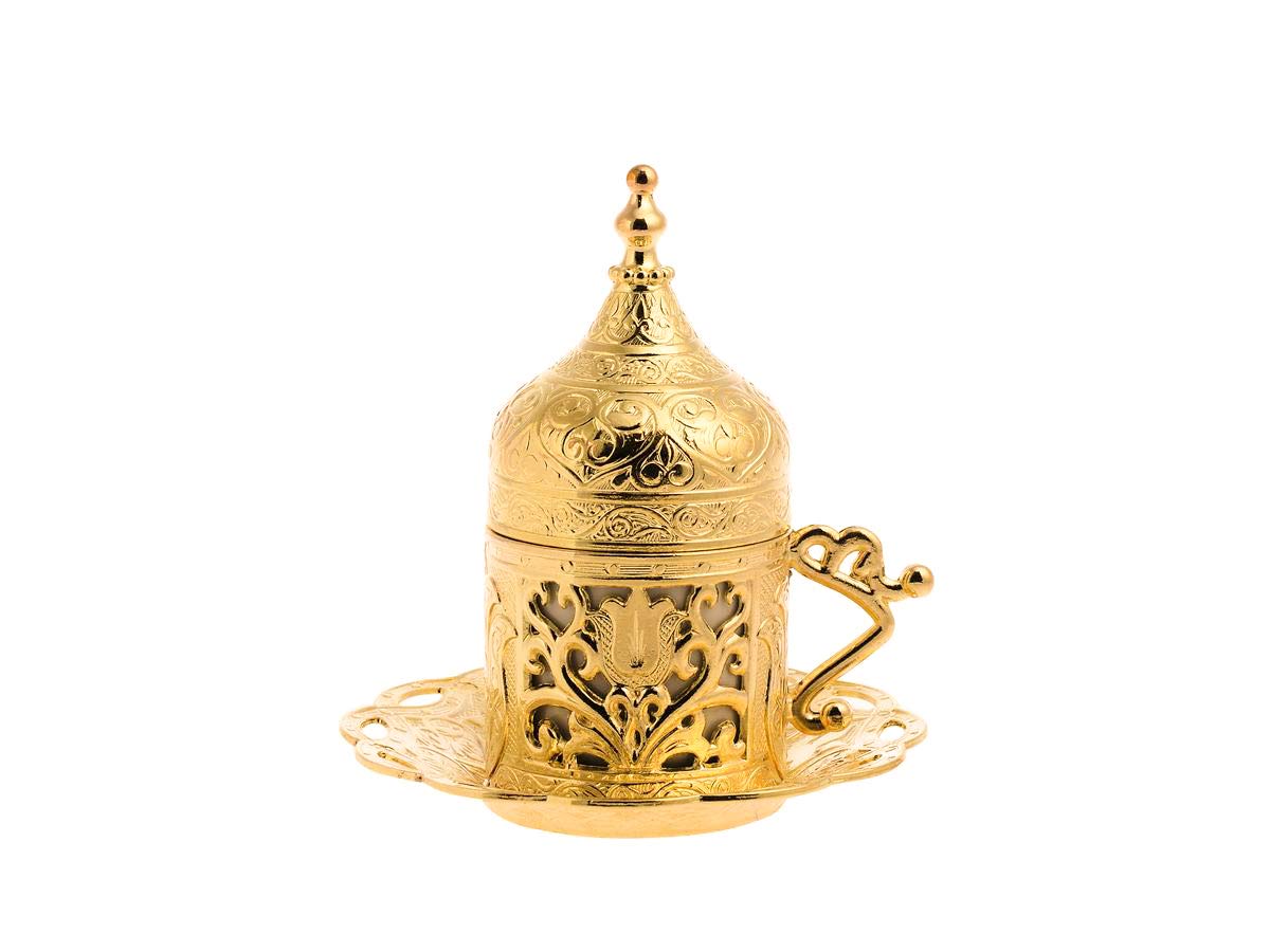 Premium 6-Piece Turkish Coffee Cup Set with Saucers & Lids - Ottoman Tulip Design (Gold/Lale) - Traditional Espresso Cups for Home, Cafe & Gift Giving