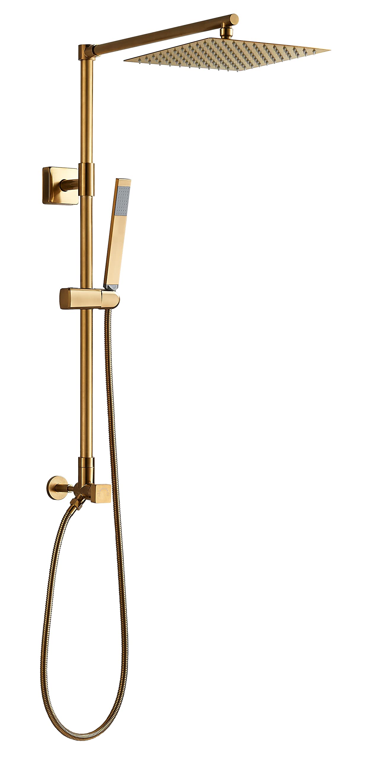 Fennocasa Polaris Lux Rain Shower System - 10 Inch Square Rainfall Shower Head with Handheld Spray Combo, Adjustable Slide Bar & Vertical Extension Pipe, 2.5 GPM Brushed Gold Finish for Bathroom & Spa Experience