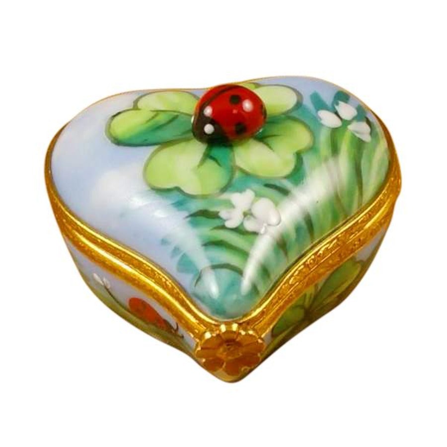 Ladybug on Four Leaf Clover Heart Limoges Box - Hand-Painted Porcelain Jewelry Trinket Box for Good Luck Charm & Home Decor