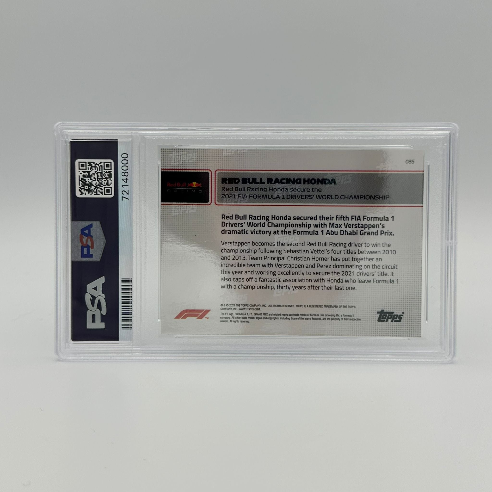PSA 10 2021 Red Bull Racing Honda #85 Max Verstappen World Championship 1/99 Trading Card - Perfect for F1 Collectors & Motorsport Fans Display